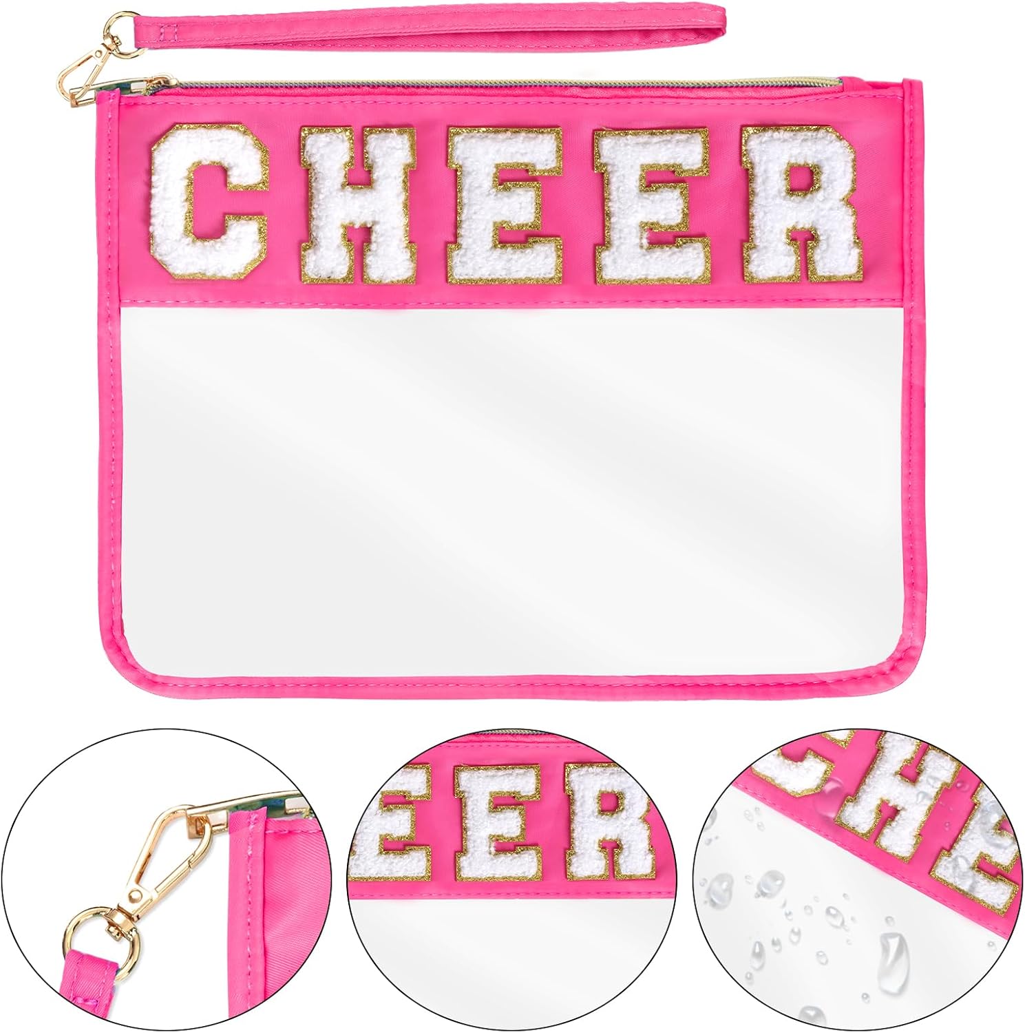 Chenille Letter Bag, Clear Nylon Cosmetic Makeup Bag with Zipper, Varsity Preppy Patch Flat Travel Pouch for Women Girls Gift (Rose-CHEER) - Image 3