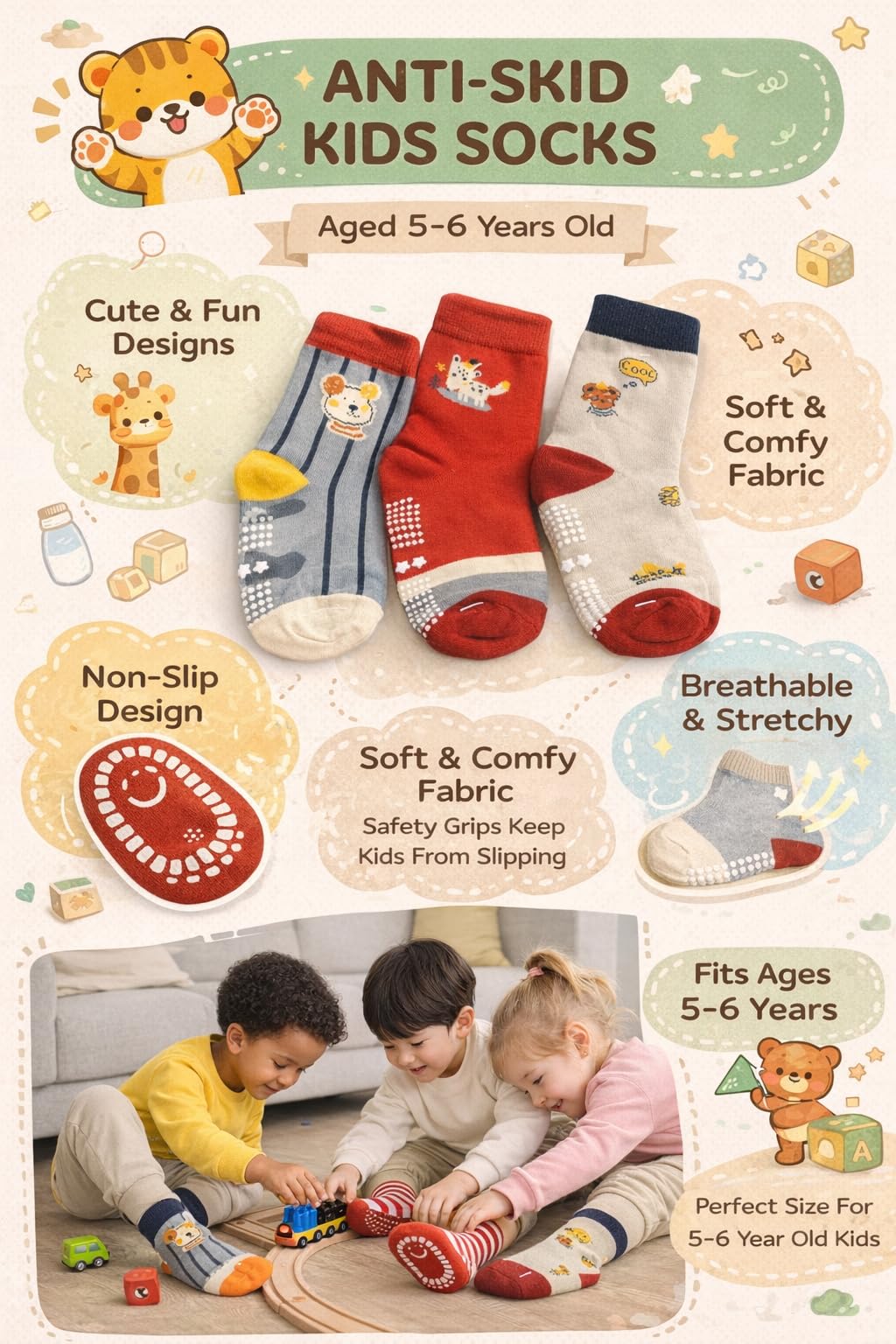 MADHAV COMMUNICATION Antiskid Socks for kids 5-7 Years Cotton Stretchable Ankle Length Baby Wear Kids Socks Pack of 3 4