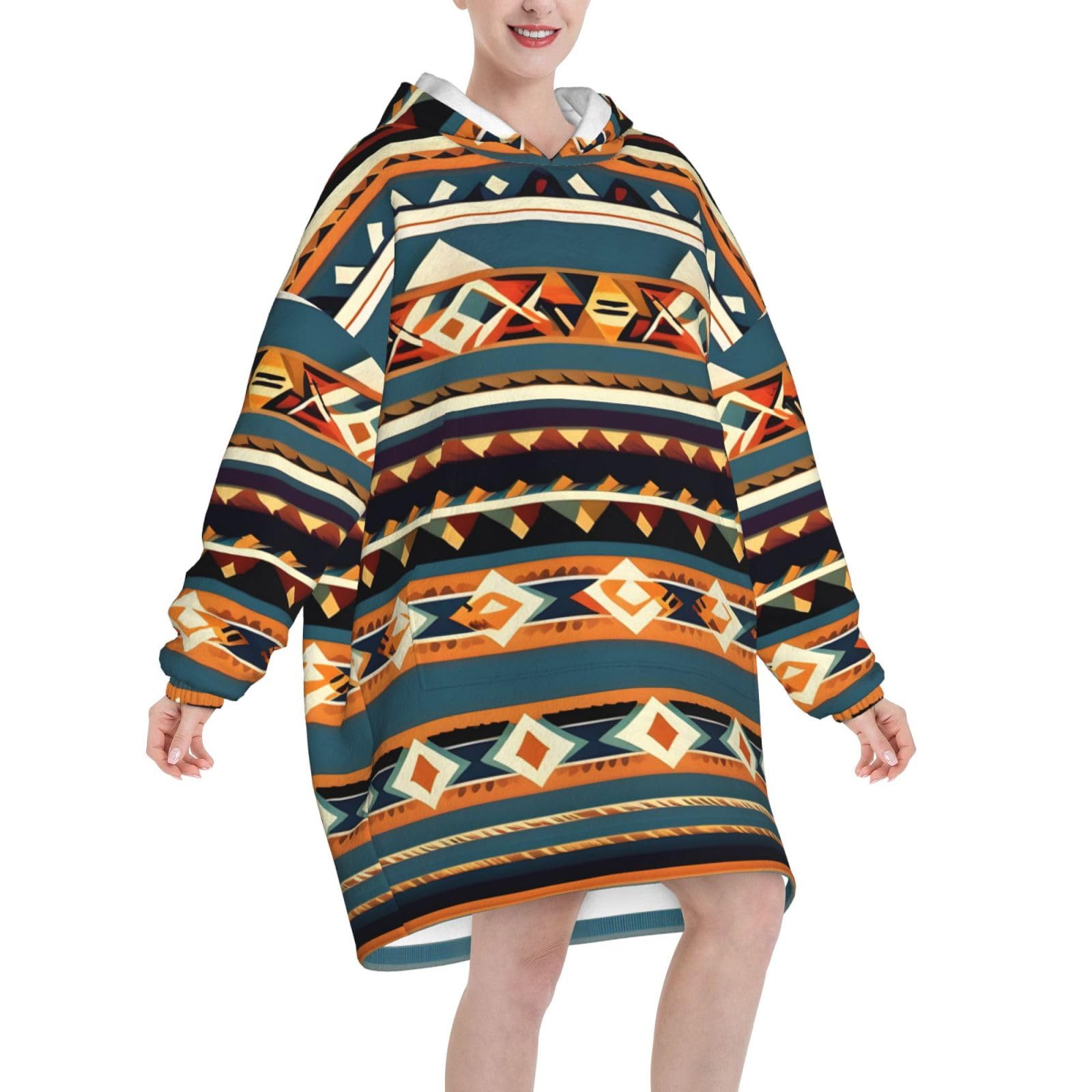 Native American wzór nadruk ciepły i przytulny koc do noszenia, gruby flanelowy koc z kapturem z rękawami i ogromną kieszenią