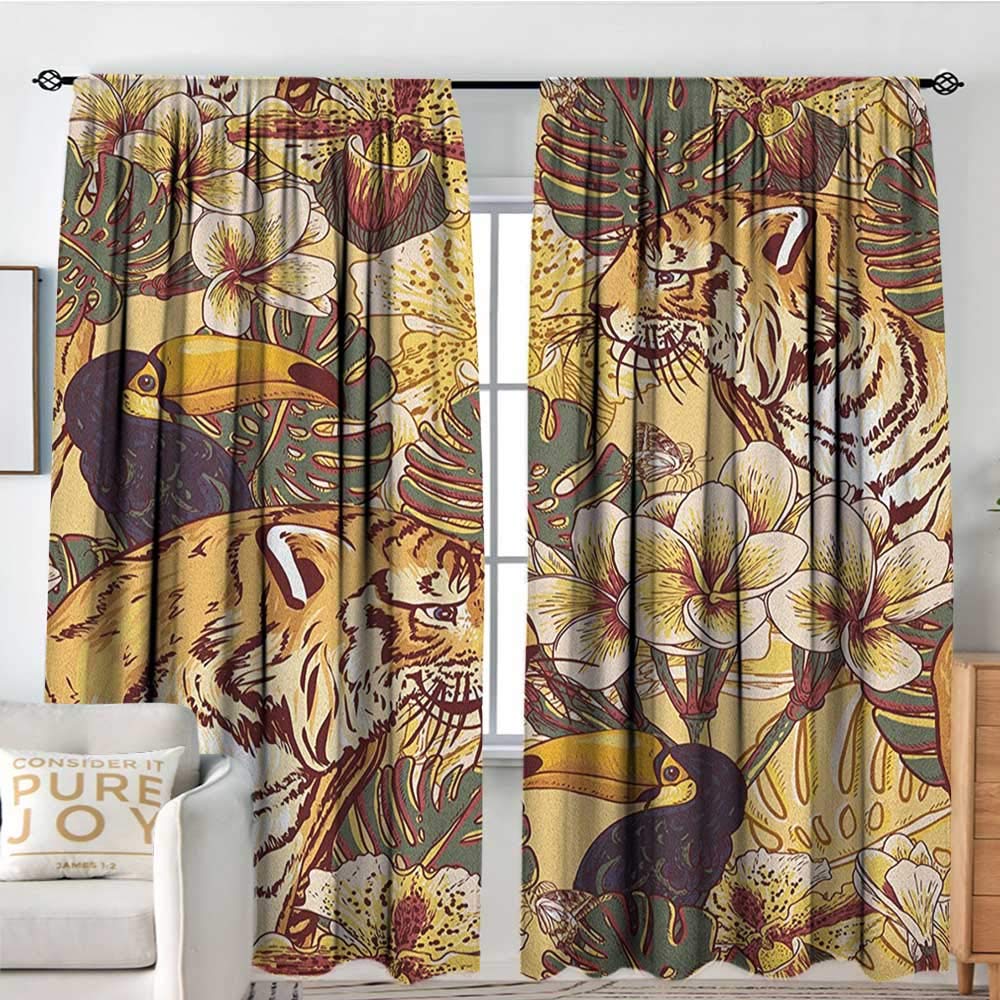NUOMANAN Modern Blackout Curtain Tiger,Tropical Animals Symbol of Bengal and Toucan in Lively Colors Harmonious Nature Print, Multicolor,Blackout Draperies for Bedroom 100"x96"