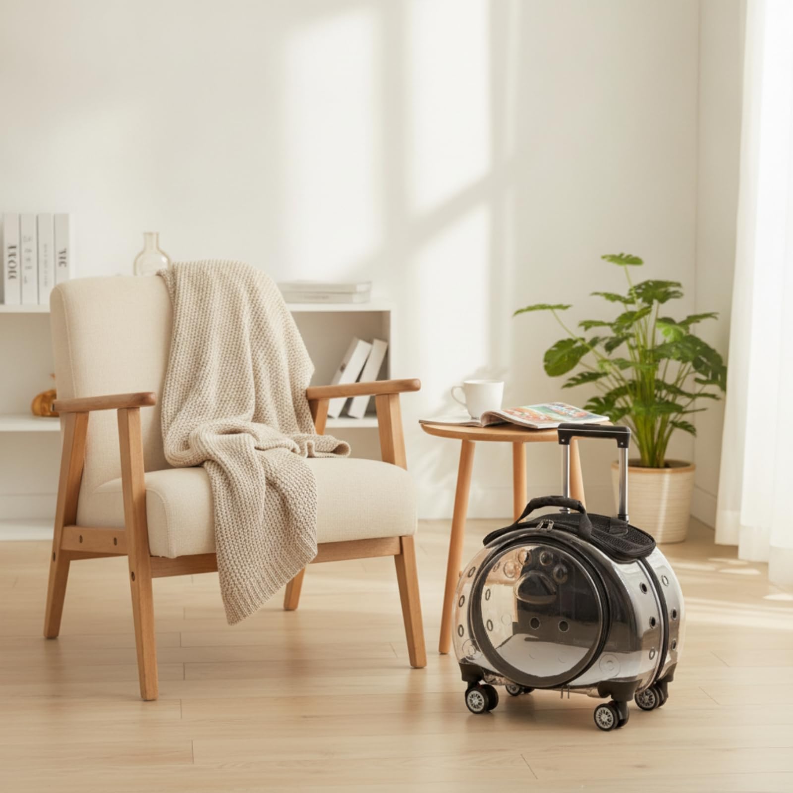 Transportín con Ruedas Transportín con Cápsula Ventilado Mochila Ruedas para Gatos, Viajes, Verinario, Paseos, Plateado