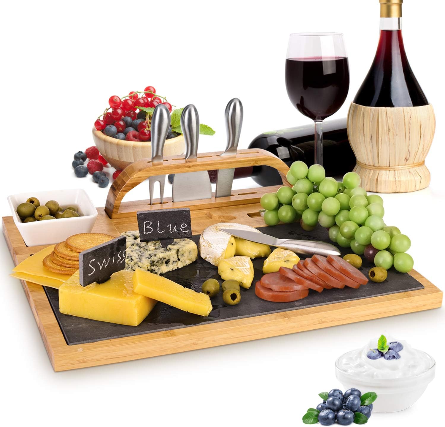 Bamboo Charcuterie Cheese Board and Cutlery Knife Set with Removable Slate and Cheese Markers Bowels, Gifts for Birthday/Parties/Wedding/Bridal Shower/Housewarming/Thanksgiving/Christmas