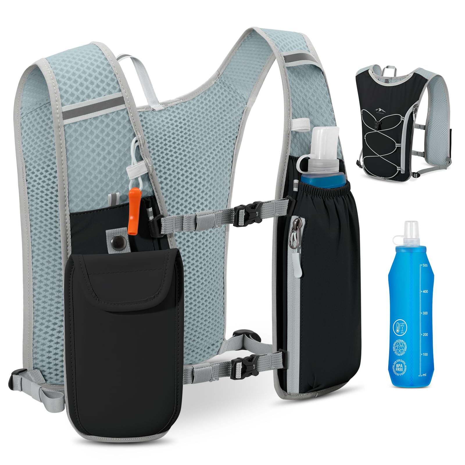 Running Vest for Men Women Lightweight Reflective Running Backpack Hydration Vest Pack with 500ml Water Bottle for Marathons Trail Running Cycling Hiking,Black