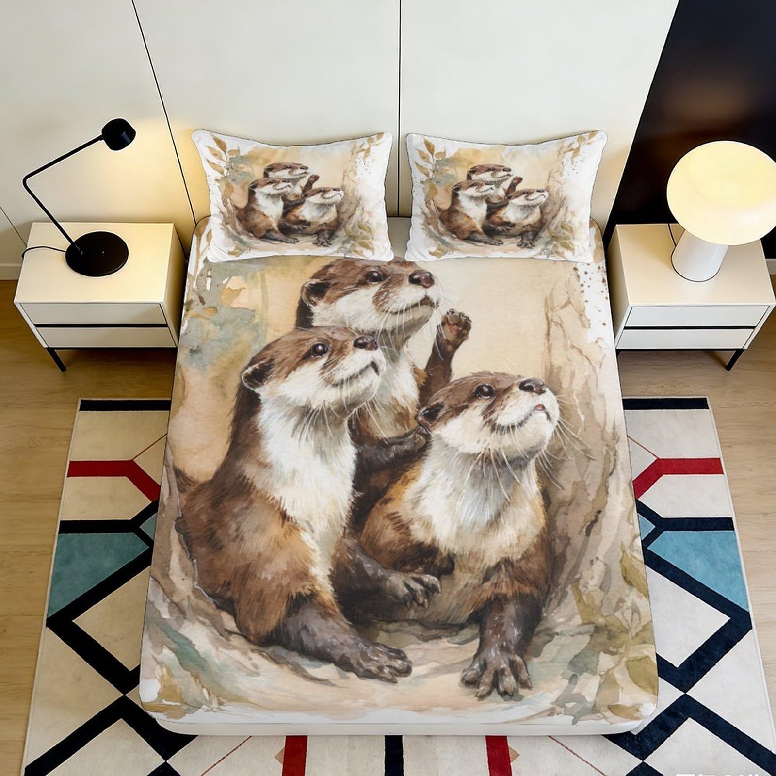 3D Printed Otter Family Fitted Sheet Microfiber Soft Durable Watercolor Style Bed Cover for Dormitory Guest Room Mattress Protection Decor 120x200x25cm