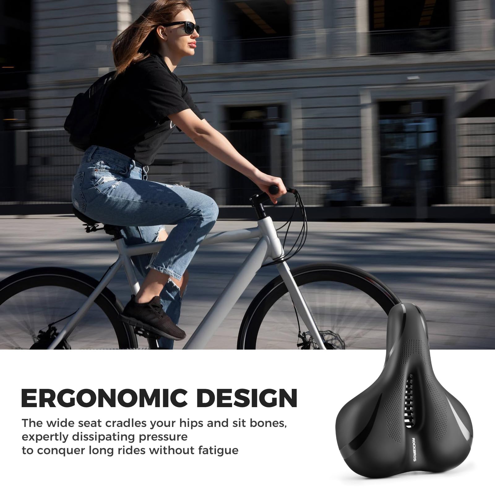 ROCKBROS Siodełko Rowerowe Wygodne Siodło Rowerowe Ergonomiczne Szerokie Siodełko Kolarskie Wodoodporne Oddychające Amortyzujące Żelowe dla Kobiet Mężczyzn Siodełka do Roweru Miejskiego/Górskiego