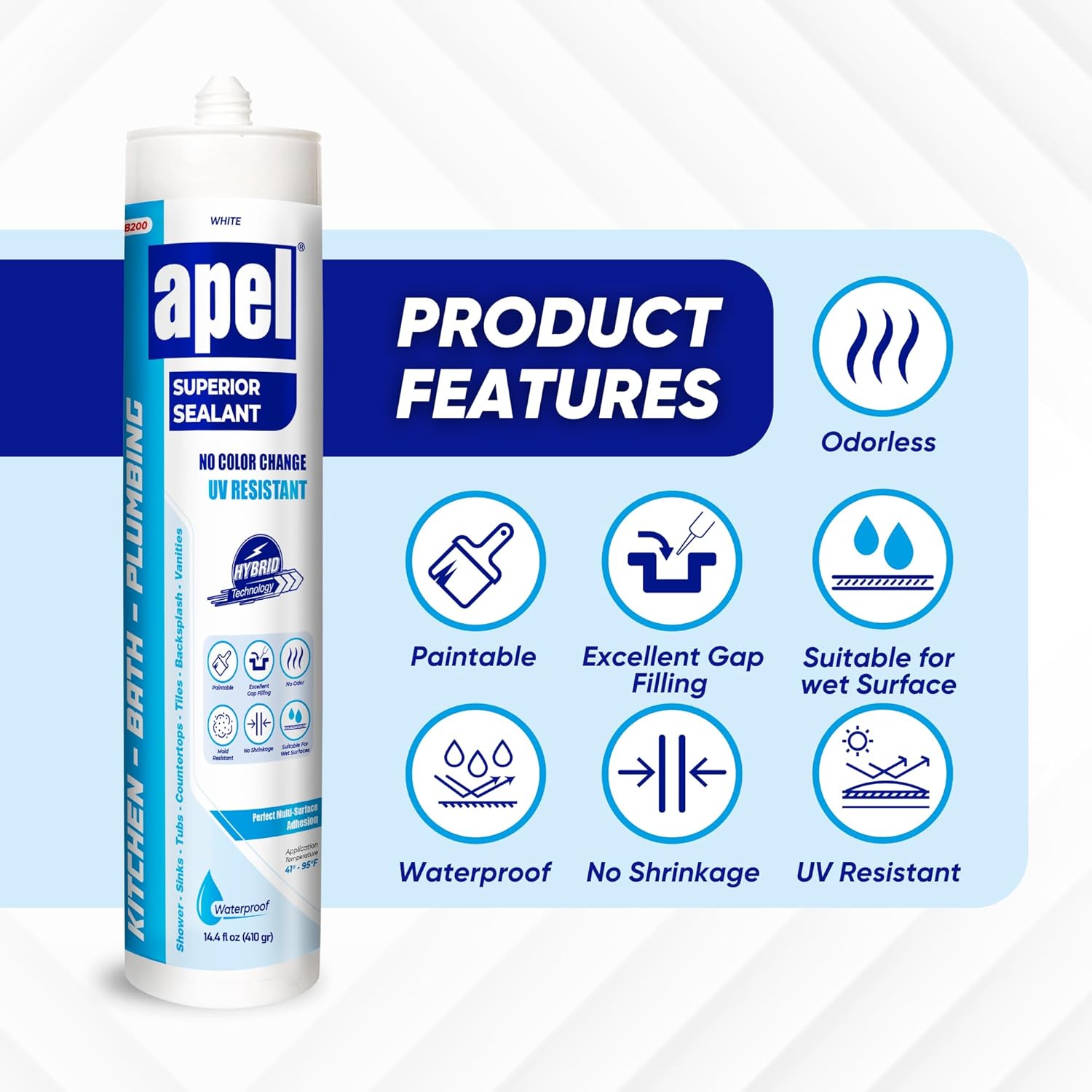 apel KB200 Hybrid Superior Sealant – Paintable Hybrid Polymer Silicone Caulk, for Kitchen, Bath, and Plumbing, Perfect Multi Surface Adhession, Waterproof, White, (12x14.4 fl oz) - 12 Pack