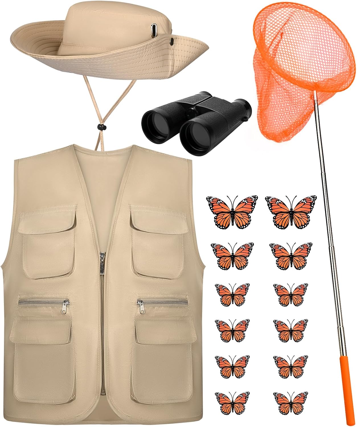 16 Pcs Halloween Butterfly Catcher Costume Accessories Bucket Hat Vest Telescopic Catching Net Butterflies Telescope for Adult Men Halloween Party Cosplay Dress Up