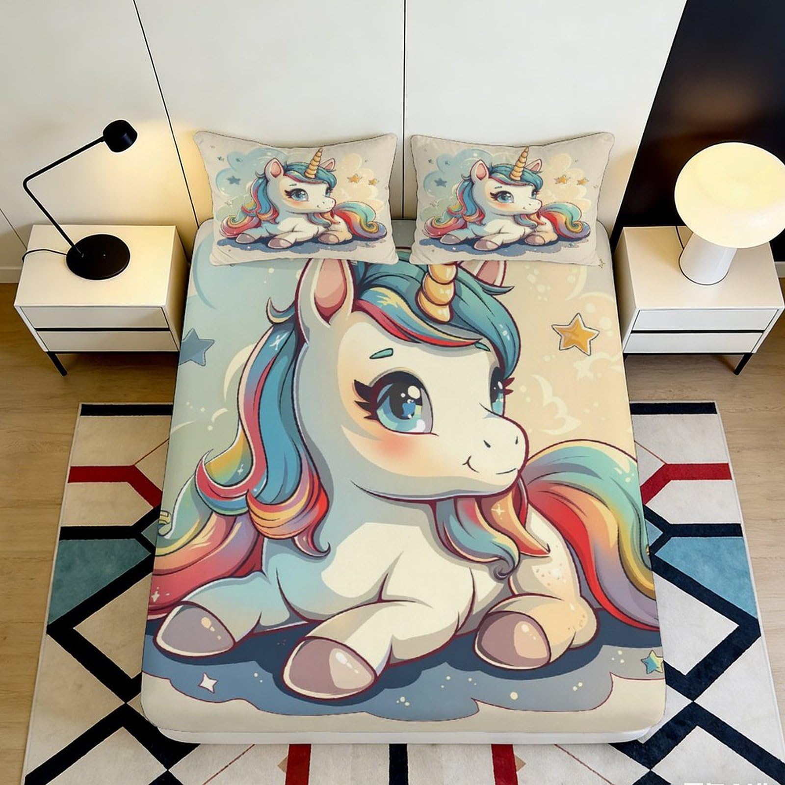 3D Printed Unicorn Fitted Sheet Microfiber Soft Breathable Rainbow Mane Bed Cover for Bedroom Dormitory Guest Room Mattress Protection Decor 140x200x25cm