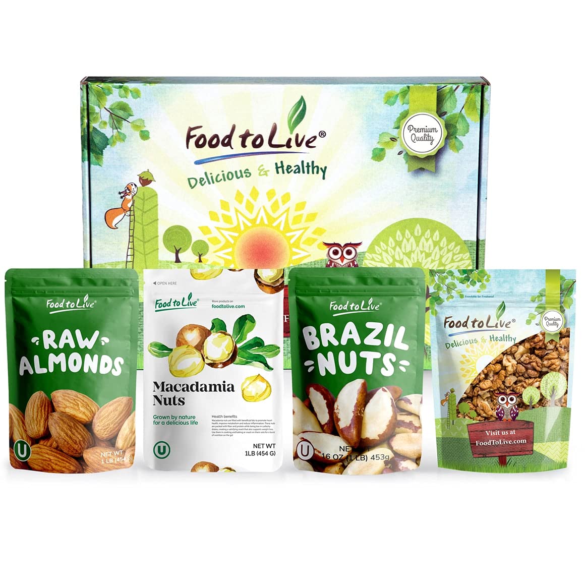 Food to Live Raw Nuts in a Gift Box - Walnuts, Almonds, Brazil Nuts, and Macadamia Nuts