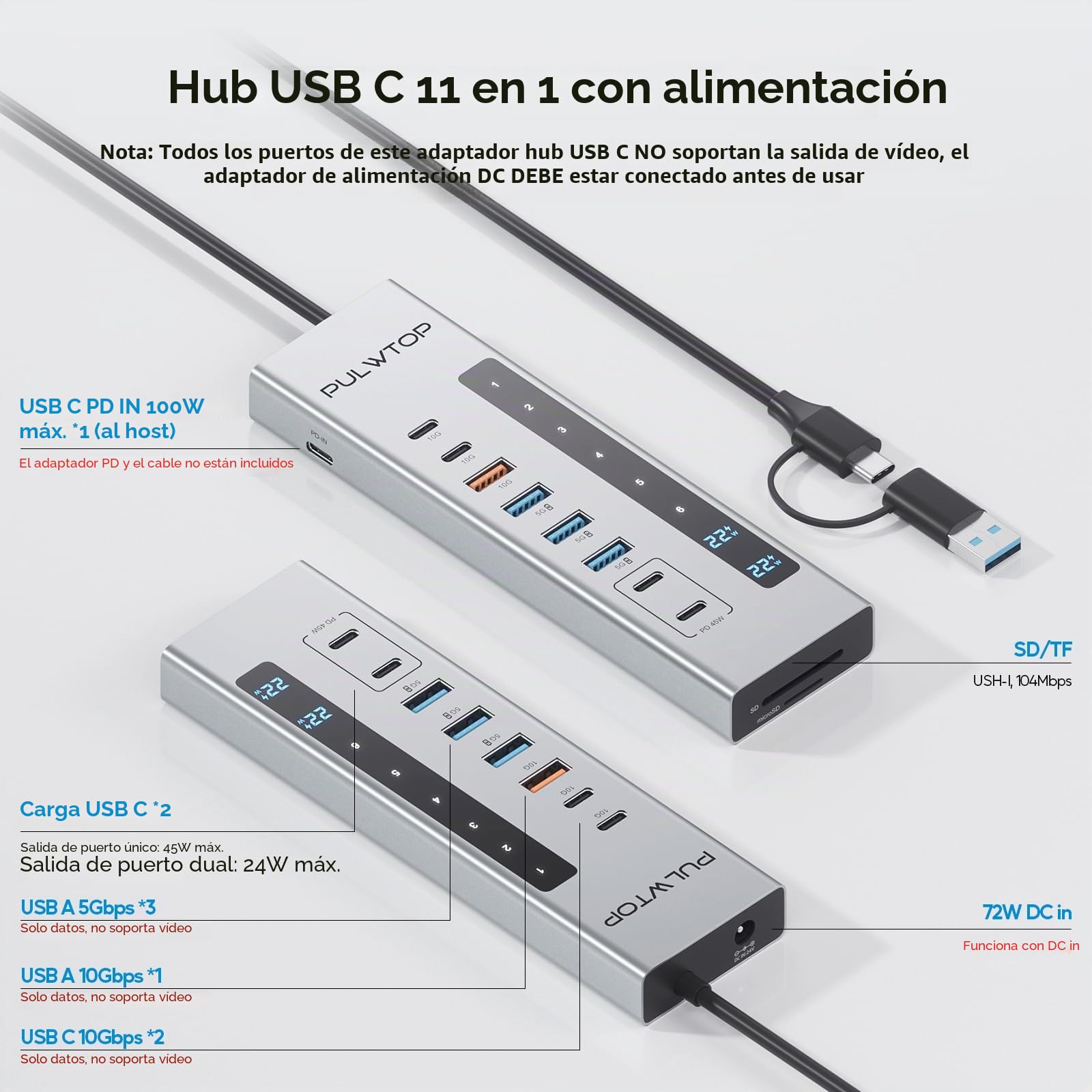 Hub USB Alimentado, USB C Hub con 2 Puertos de Carga PD Tipo C de 24/45 W | PULWTOP HUB USB con SD/TF, USB C 10Gbps, USB A 5/10Gbps y 2 * 24/45W Tipo-C PD de Carga (Adaptador DC de 72W Incluido)