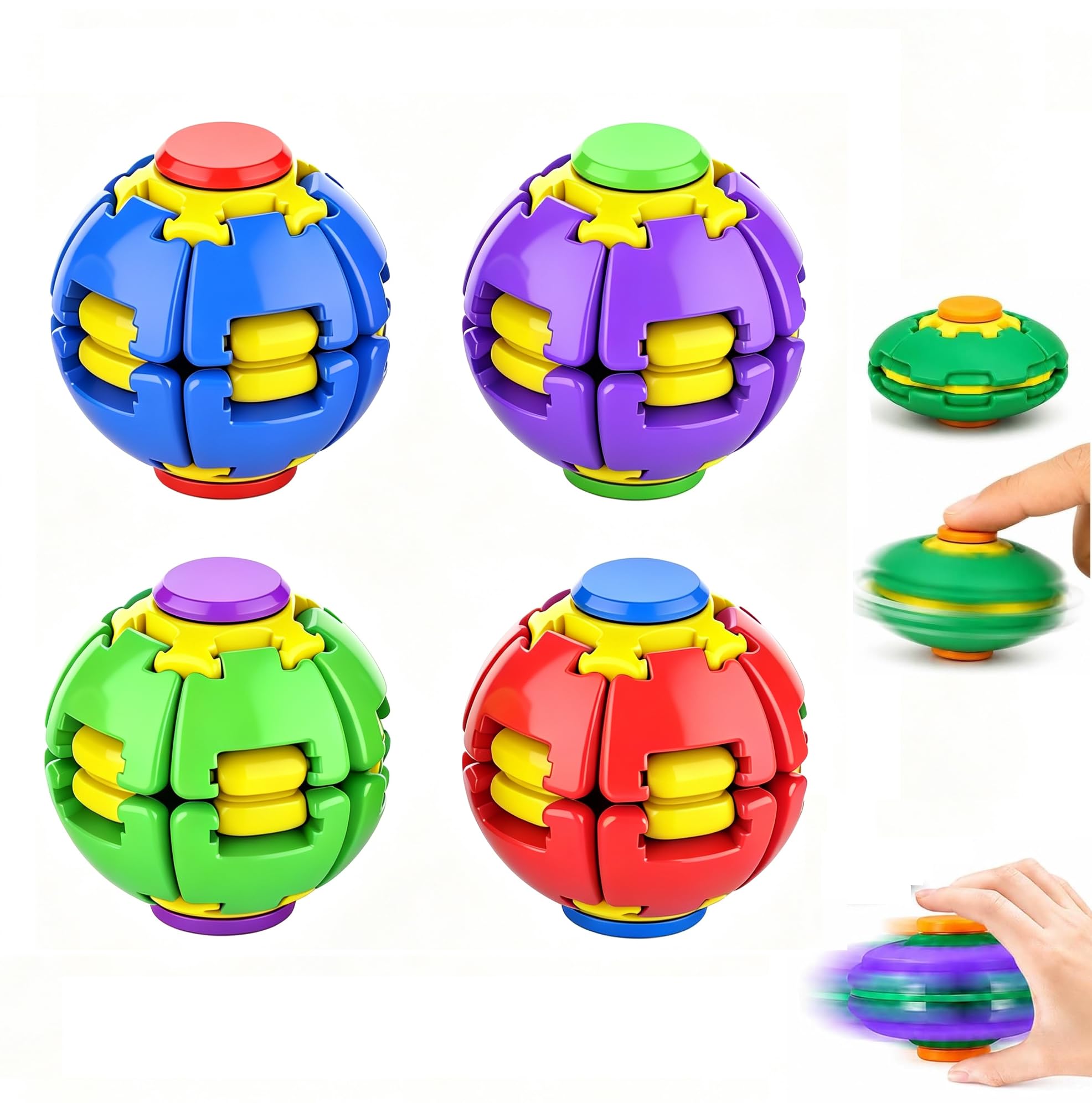 3D Fidget Spinner Ball Sensory Spinner Toy,4Pack Funny DIY Spin Top Hand Finger Spinner Creative Fingertip Mechanical Gyro for Kids Adults, All Ages
