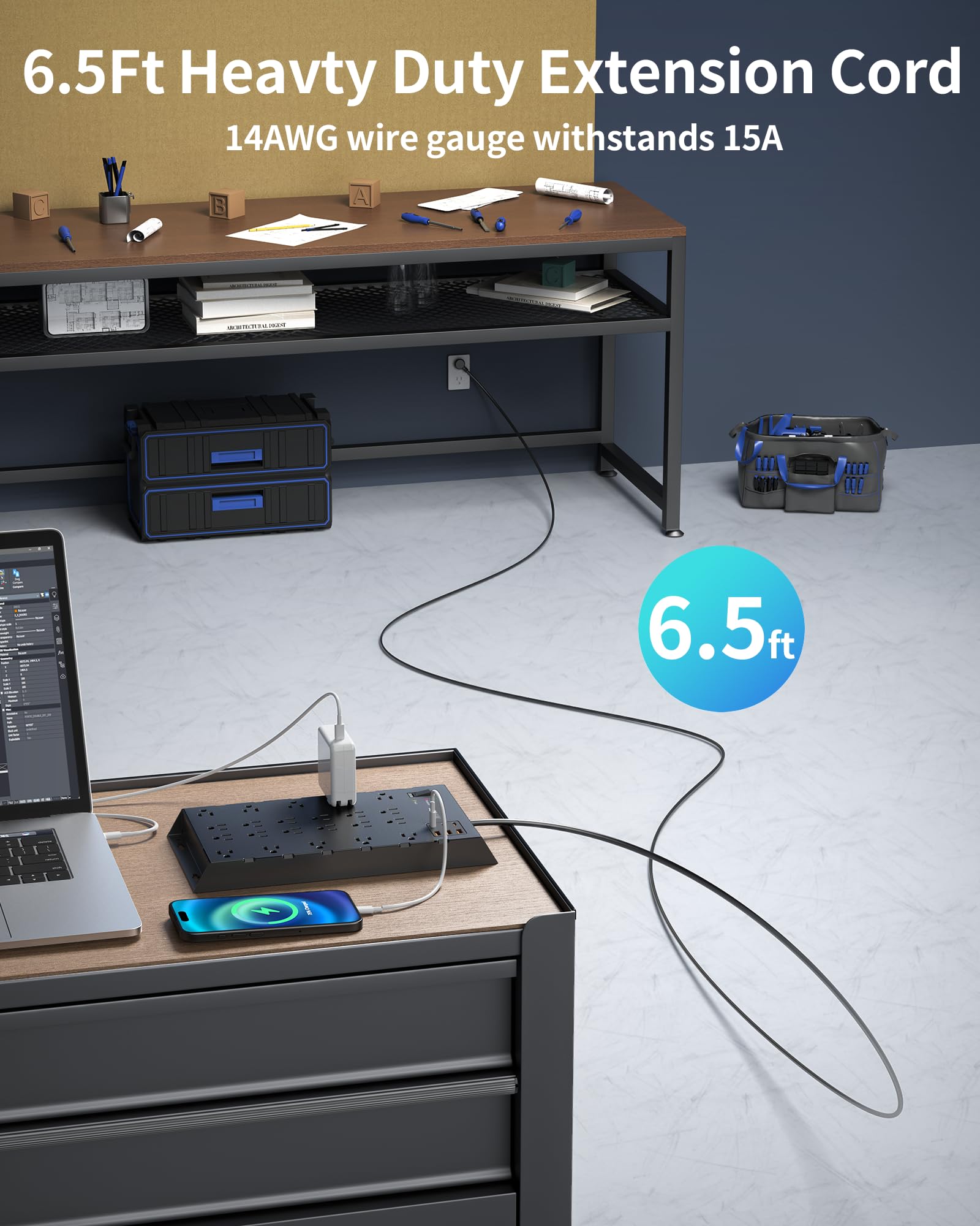 DEPOW Regleta protectora contra sobretensiones, cable de extensión de enchufe plano de 6.5 pies de largo con 22 salidas de CA (1875 W/15 A), 6 USB (3 puertos USB-C), protección contra sobretensiones