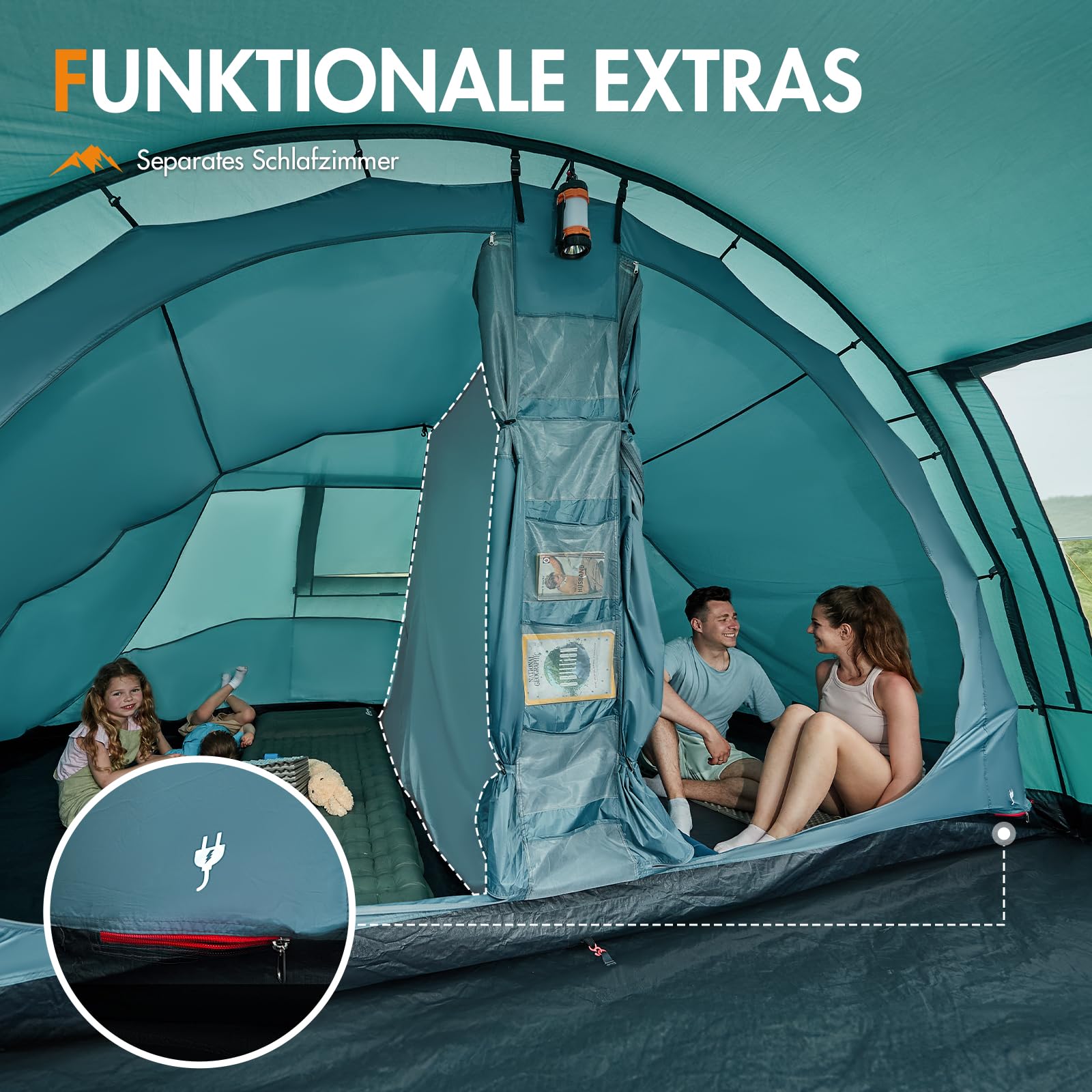 Portal Zelt 5-6 Personen Tunnelzelt Wasserdicht 3000 mm 6 Mann Luxus Campingzelt 2 Schlafkabinen mit Stehhöhe Vorzelt Bodenwanne XXL Groß Familienzelt Gruppenzelt für Camping Reise Trekking Garten