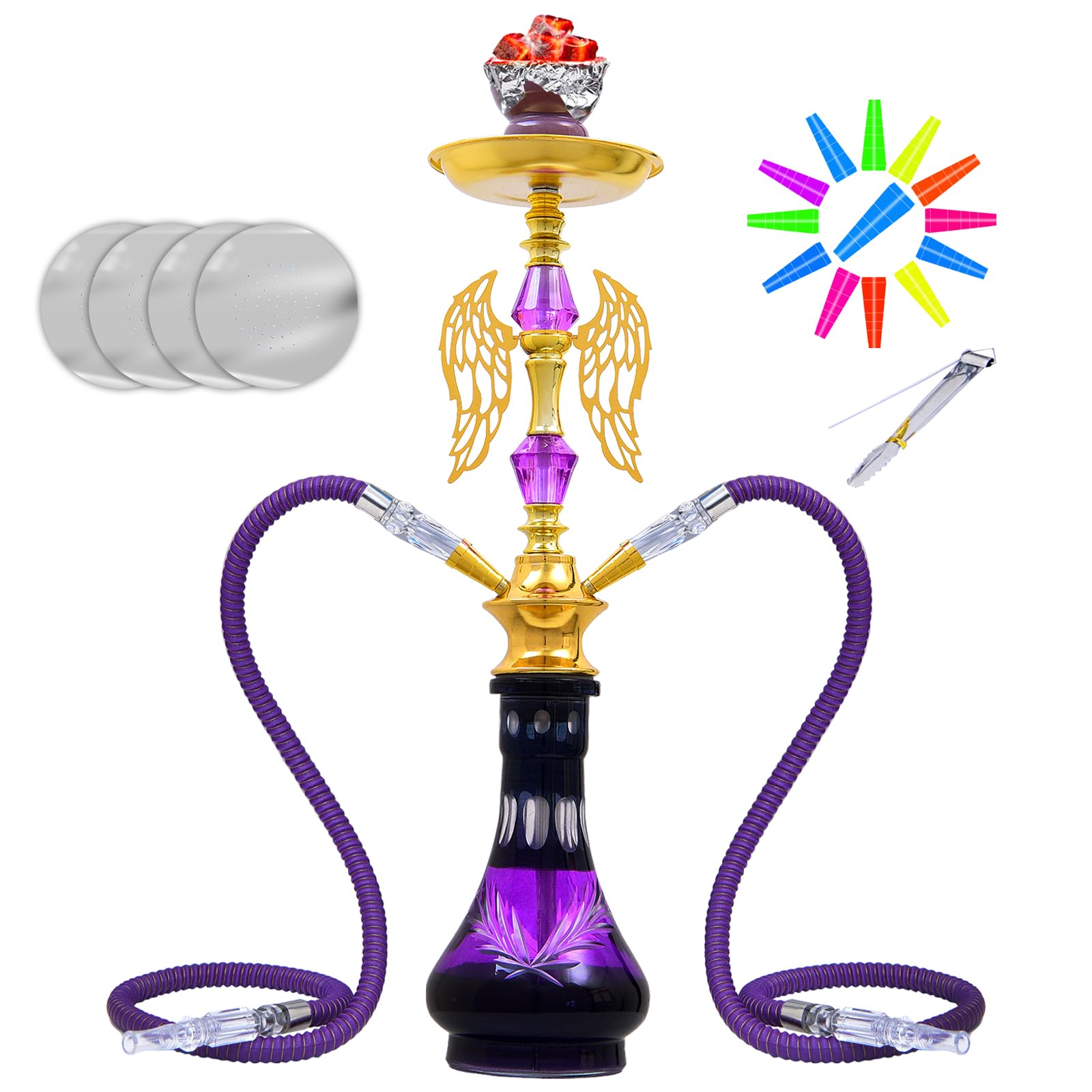 21 Artisanal Dual-Hose Hookah Set - Luxury Collection with 20 Tips 50 Foils Elegant Home Centerpiece Purple