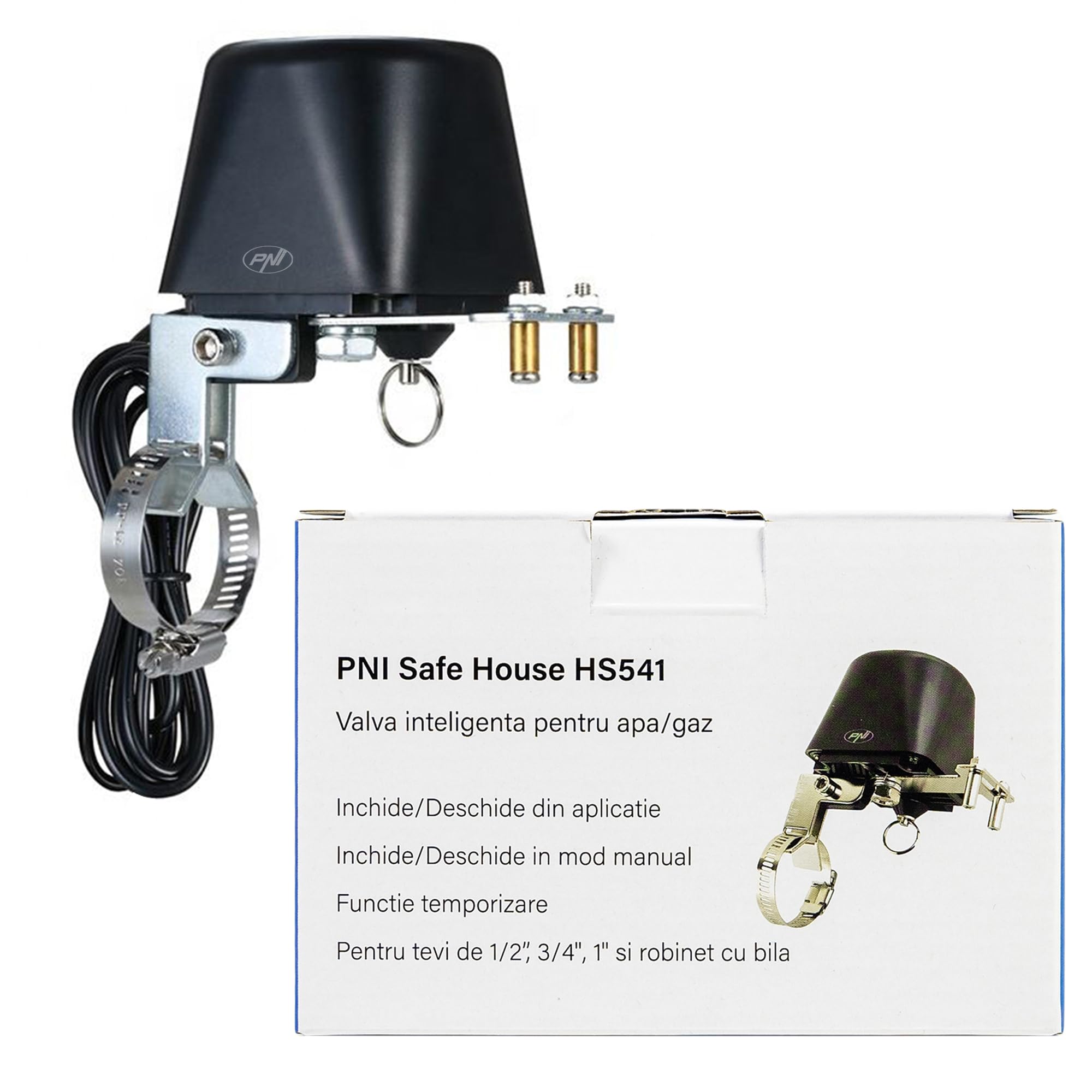 PNI PNI-HS541 Safe House HS541 Vanne intelligente avec Wi-Fi, pour couper l'alimentation des tuyaux d'eau/gaz via Internet, noir