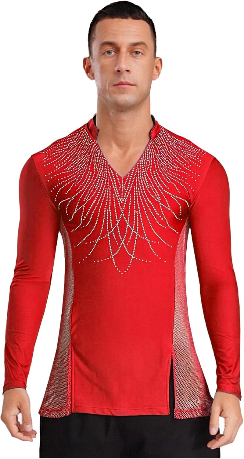 JEYPINMI Mens Latin Ballet Dance Top Rhinestones V Neck Long Sleeve Split Shirt Ballroom Chacha Tango Dancewear