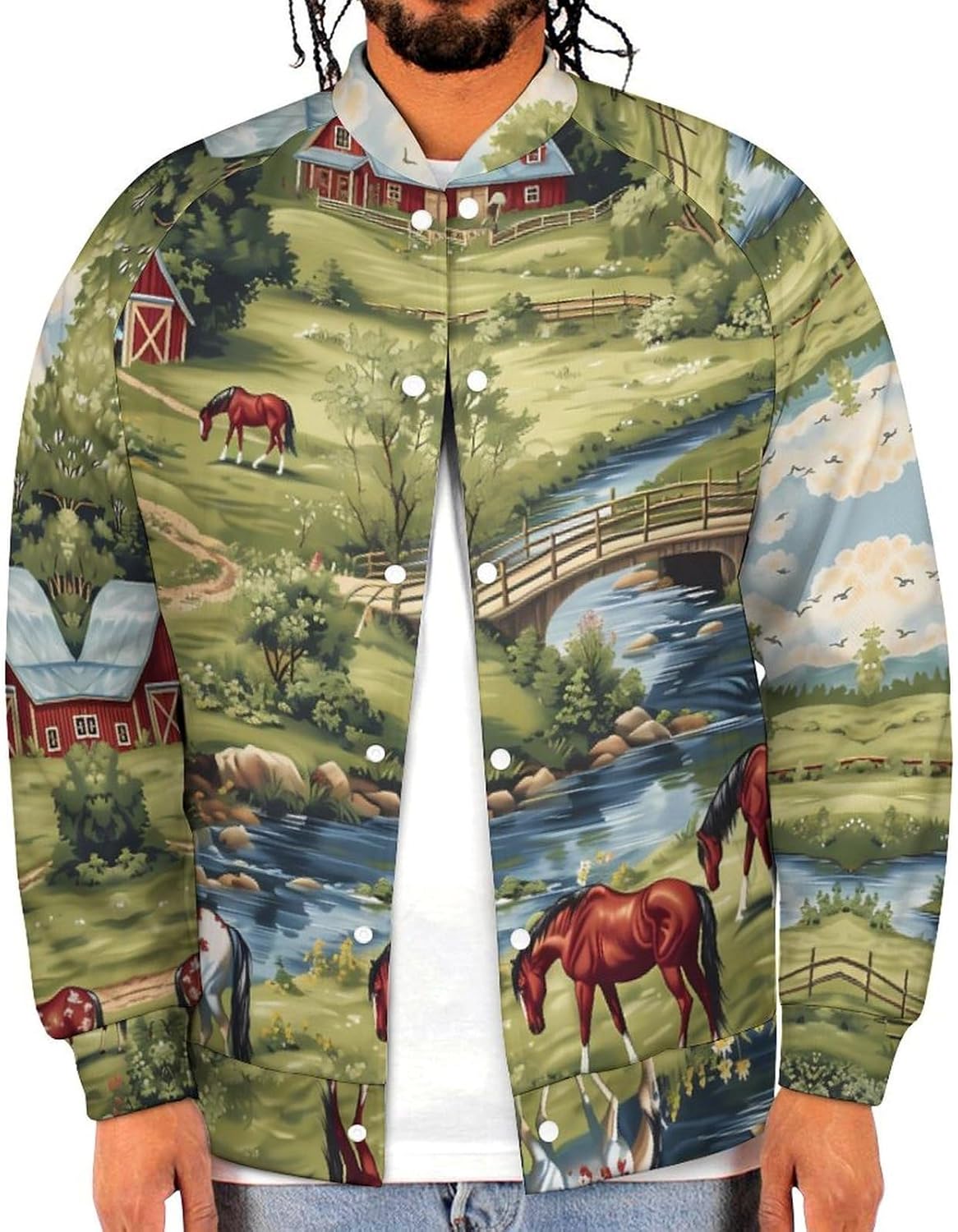 Farmhouse Bridge Horse Scene Novelty Men's Baseball Jackets Causal Sweatshirt Button Top Long Sleeve Coat