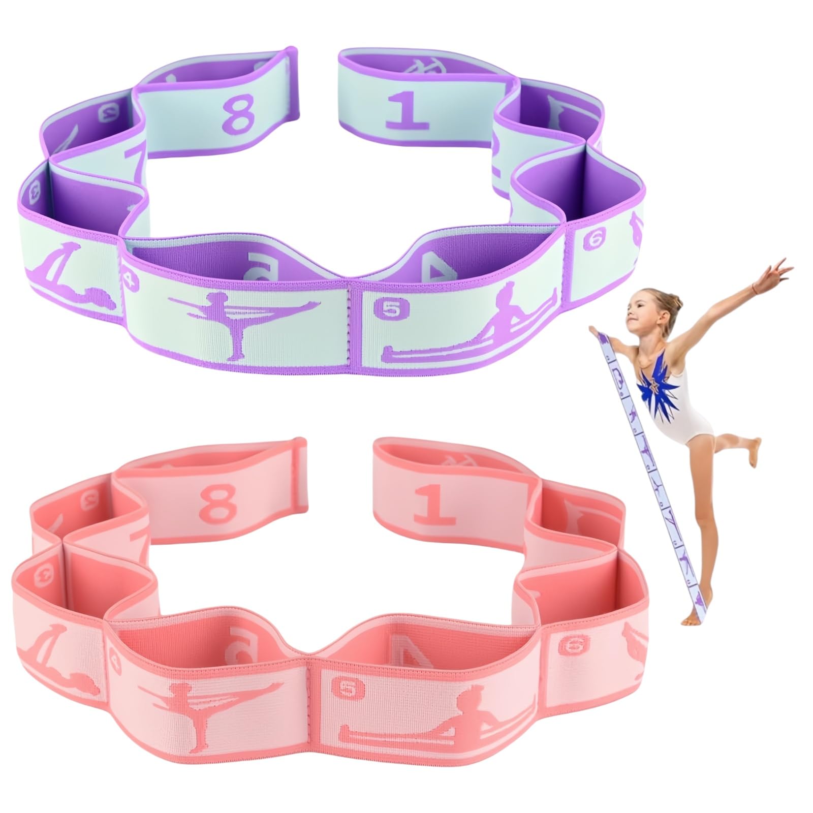 LVNEHAL 2Pcs Stretching Bands, Yoga Straps for Stretching with 8 Adjustable Loops