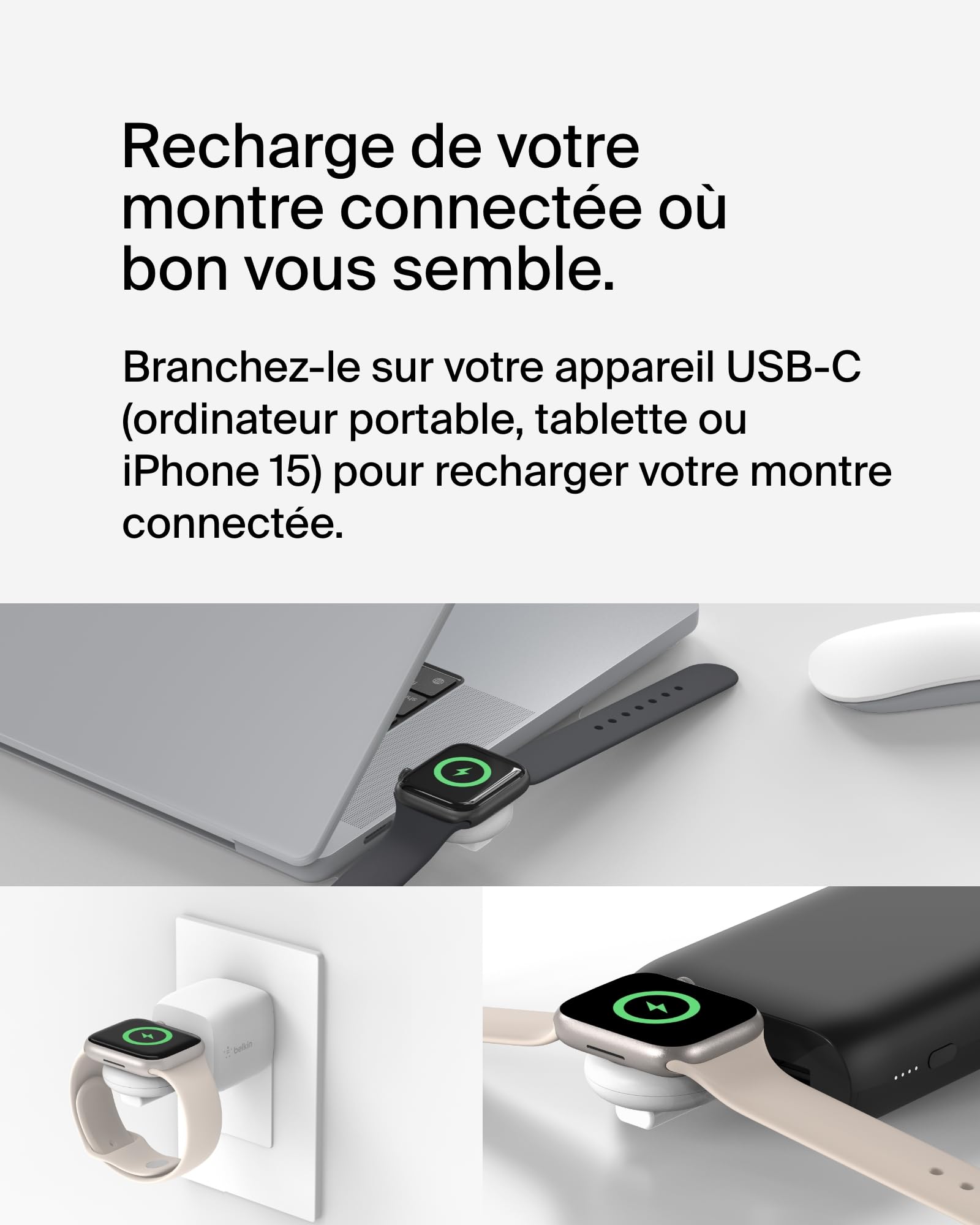 Belkin BoostCharge Chargeur Portable USB-C pour Apple Watch, Certification MFi, pour Apple Watch Series 11, 10, 9, 8, 7, Ultra, Produit Compatible avec MacBook, iPhone 17, Air, 16, 15 - Blanc