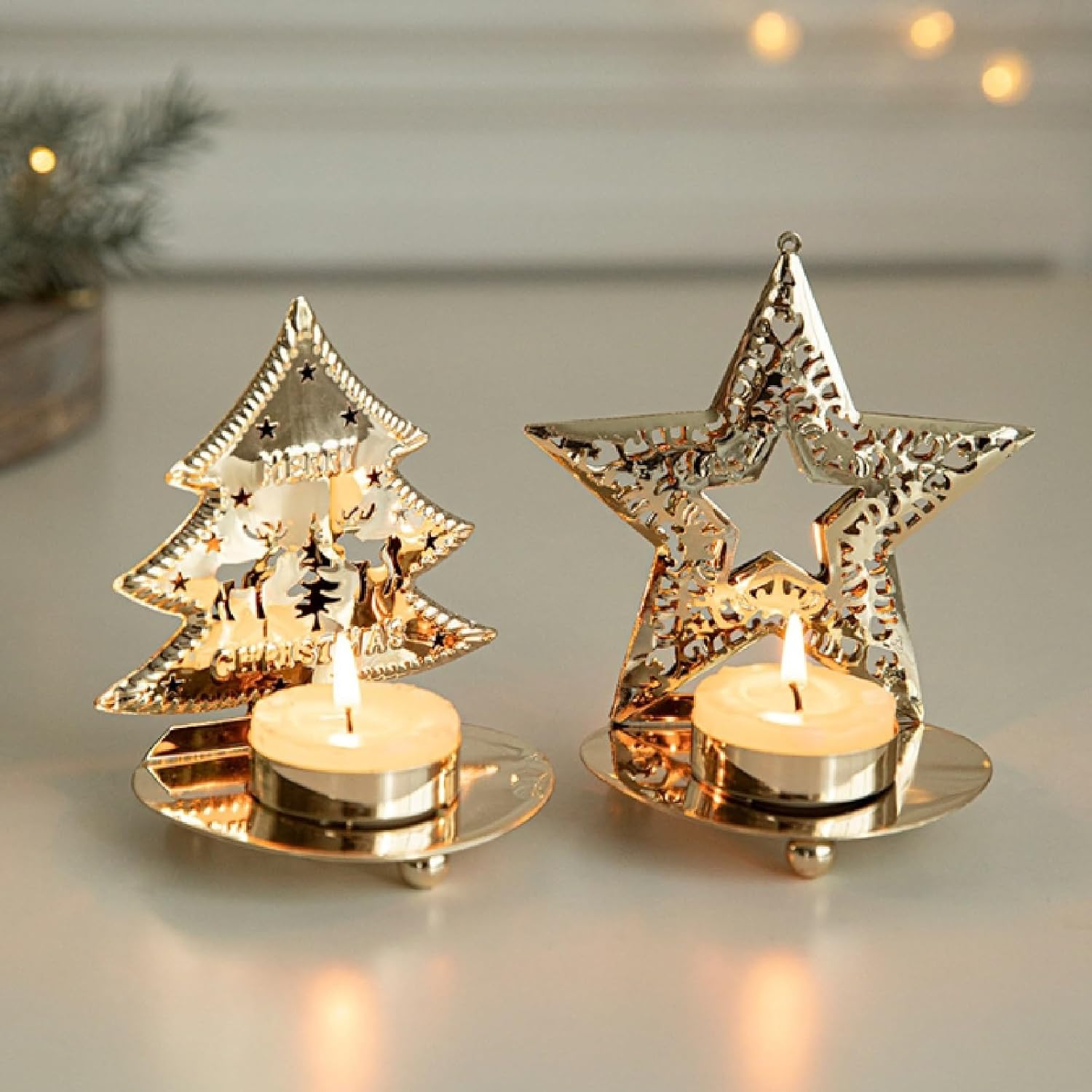 Christmas Iron Candlestick, Star Christmas Tree Butterfly Shaped Candle Holder, for Christmas Parties Decor(B)