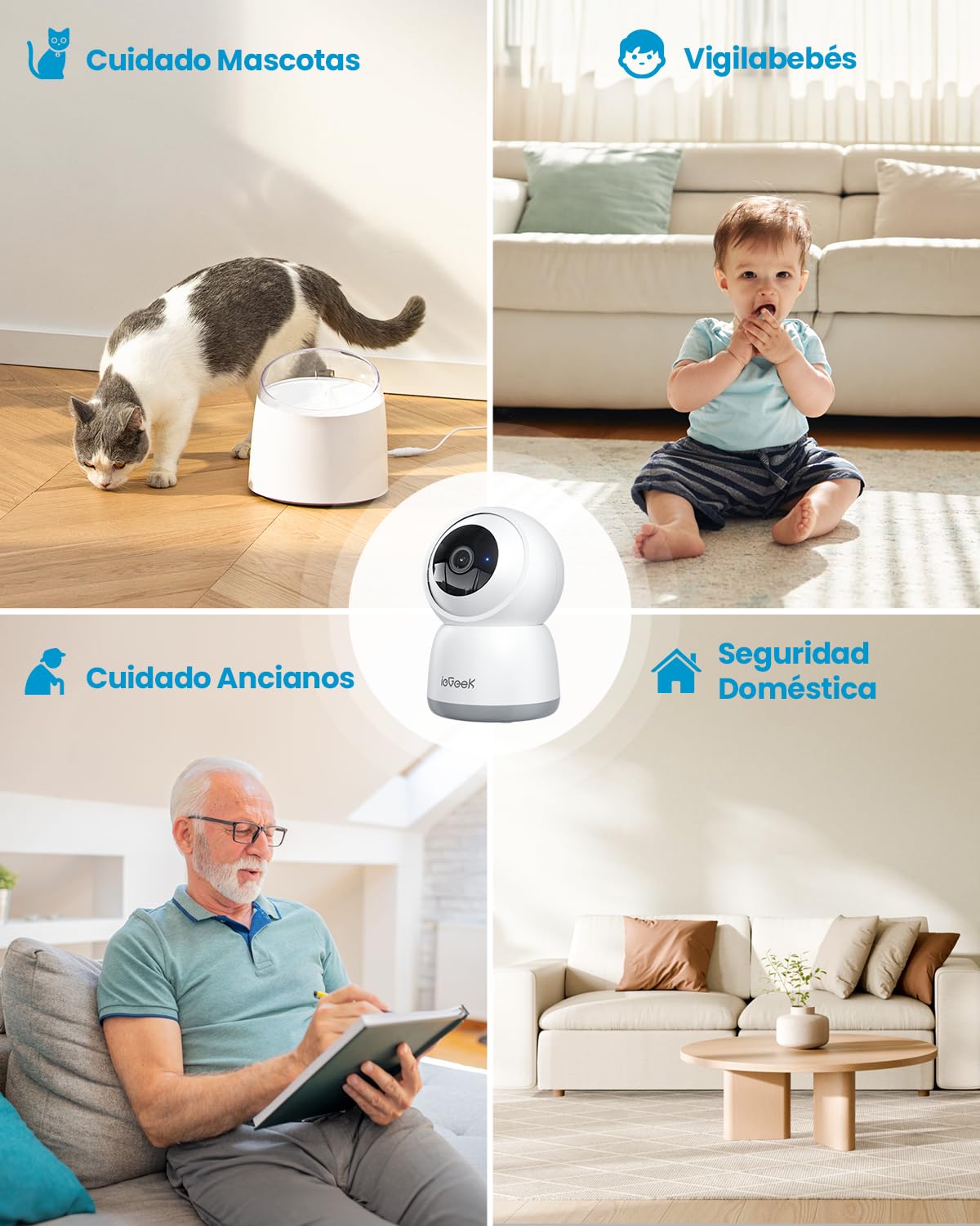 ieGeek 2.4/5GHz Camara Vigilancia WiFi Interior 2K 360°PTZ, Cámara Vigilancia Interior para Bebes/Mascotas/Seguridad Casa, Seguimiento Automático, Voz Bidireccional, Detección Humanoide, Alarma, 2Pack