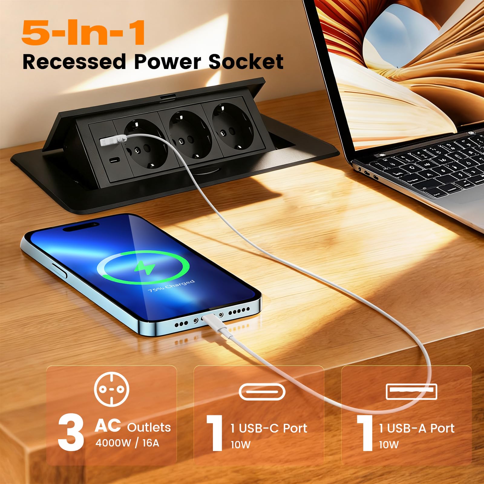 Enchufe para encimera de cocina, mesa de mesa, enchufe retráctil negro con USB, aluminio para escritorio, enchufe de mesa retráctil para sala de conferencias, hogar u oficina, cable de 1,8 m