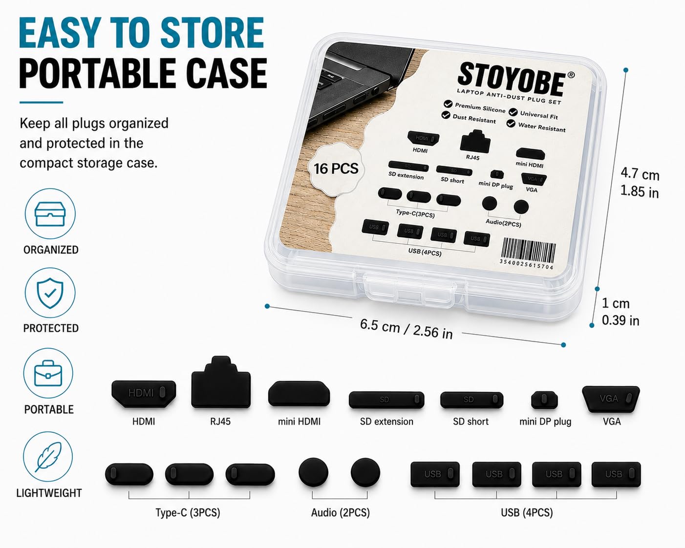 16-Pack Universal Laptop Anti-Dust Plugs, Silicone Port Covers for Lenovo/HP/Dell/Acer/Asus, Dust Proof Protector for USB-C, HDMI, USB, Ethernet, SD Card Slots (Black) — Amazon image 7