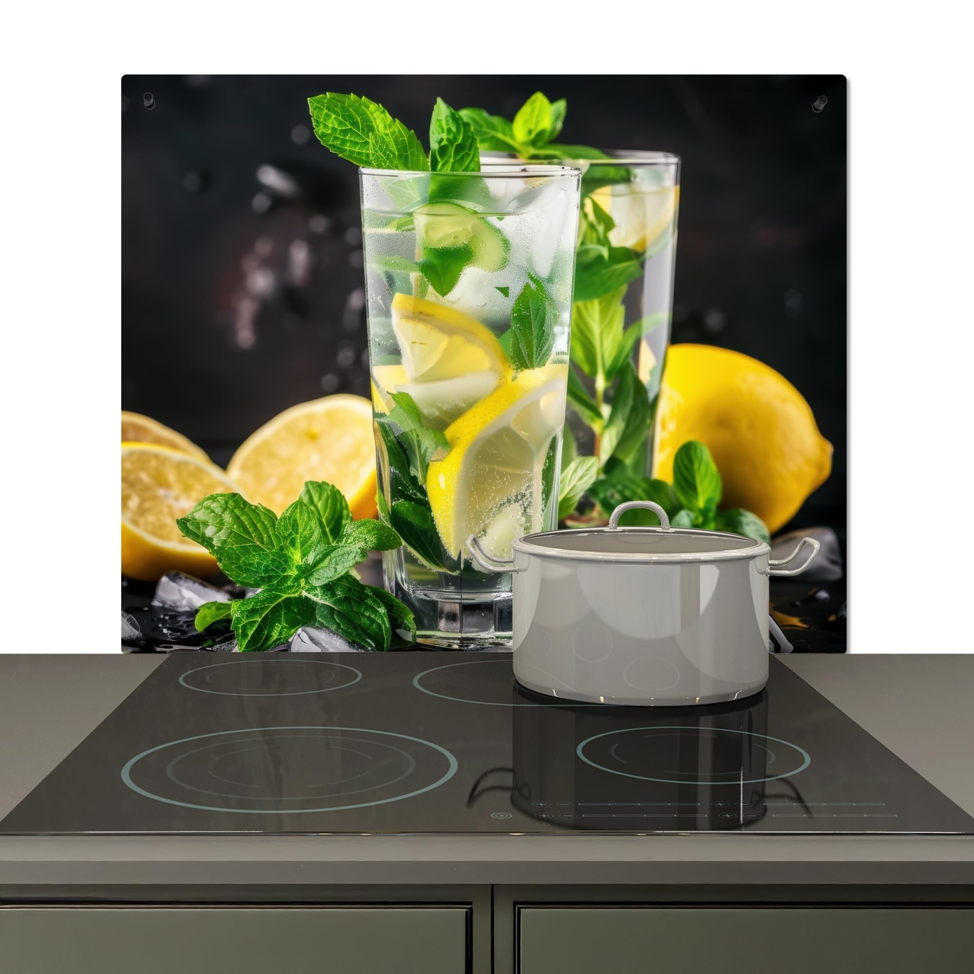 KitchenYeah© Spritzschutz Herd Küchenrückwand Vinyl 60x52 cm Küchen Zubehör Küchenwand, Herdabdeckplatten für Ceranfeld Wasser - Glas - Zitrone - Minze