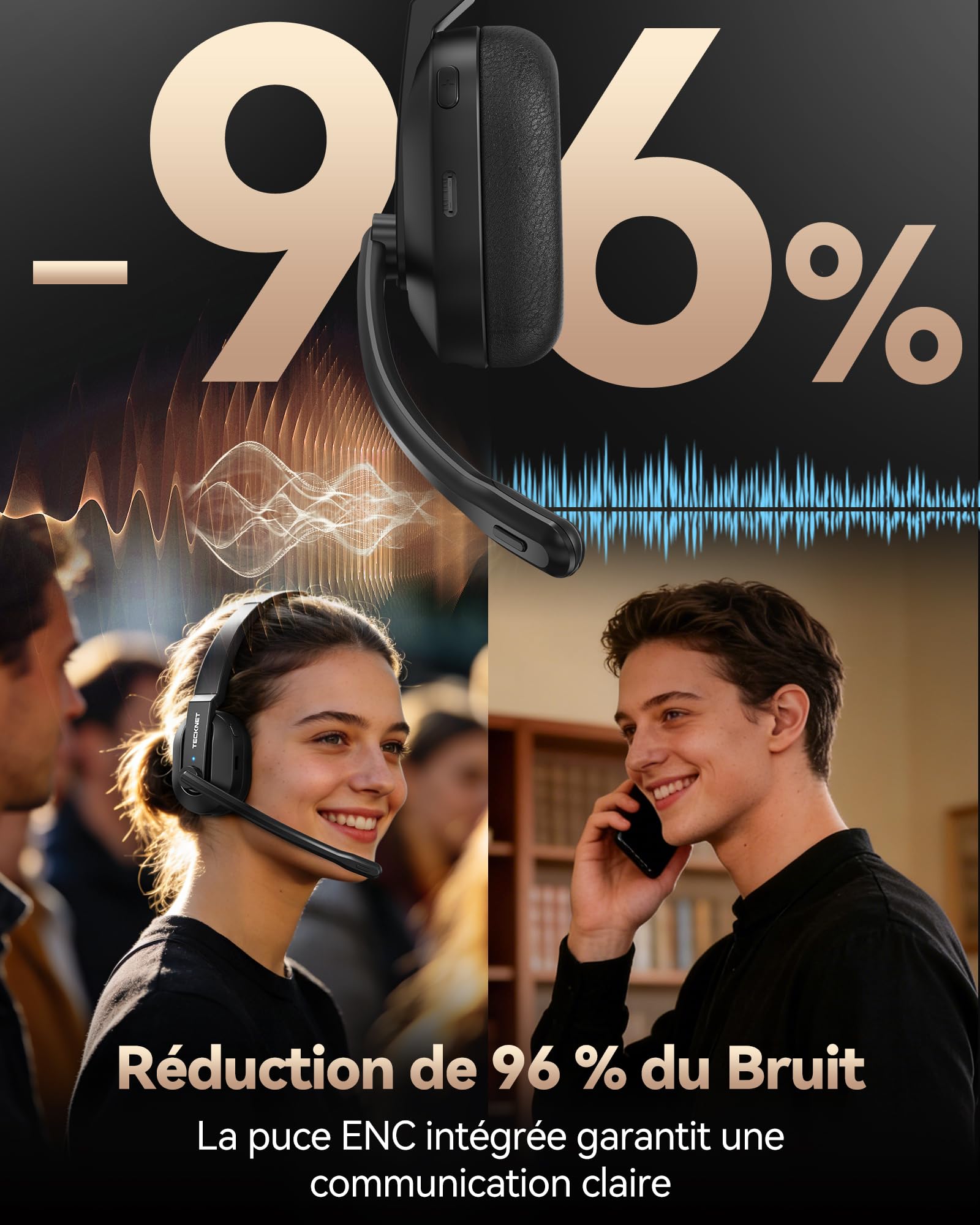 TECKNET Casque Bluetooth V5.2 avec microphone, casque sans fil avec station de charge, MIC ENC Casque PC, dongle USB, casque supra-auriculaire sans fil pour camionneur/centre d'appel/bureau – Batterie