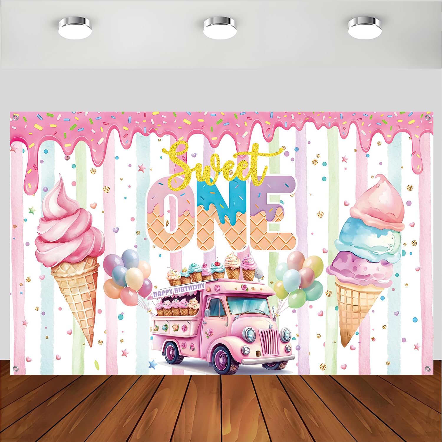 Ice Cream 1st Birthday Party Decorations, Ice Cream Truck 1st Birthday Backdrop Banner, Sweet One Birthday Party Supplies for Photoshoot Photography