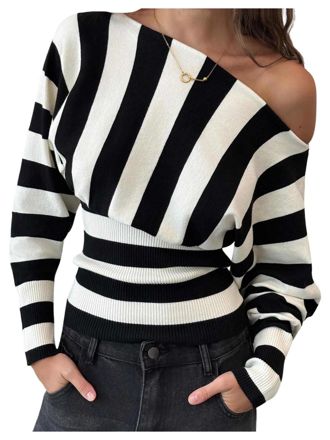 Verdusa Off The Shoulder Sweater Cozy Striped Long Sleeve Shirt Women Cinched Waist Tops
