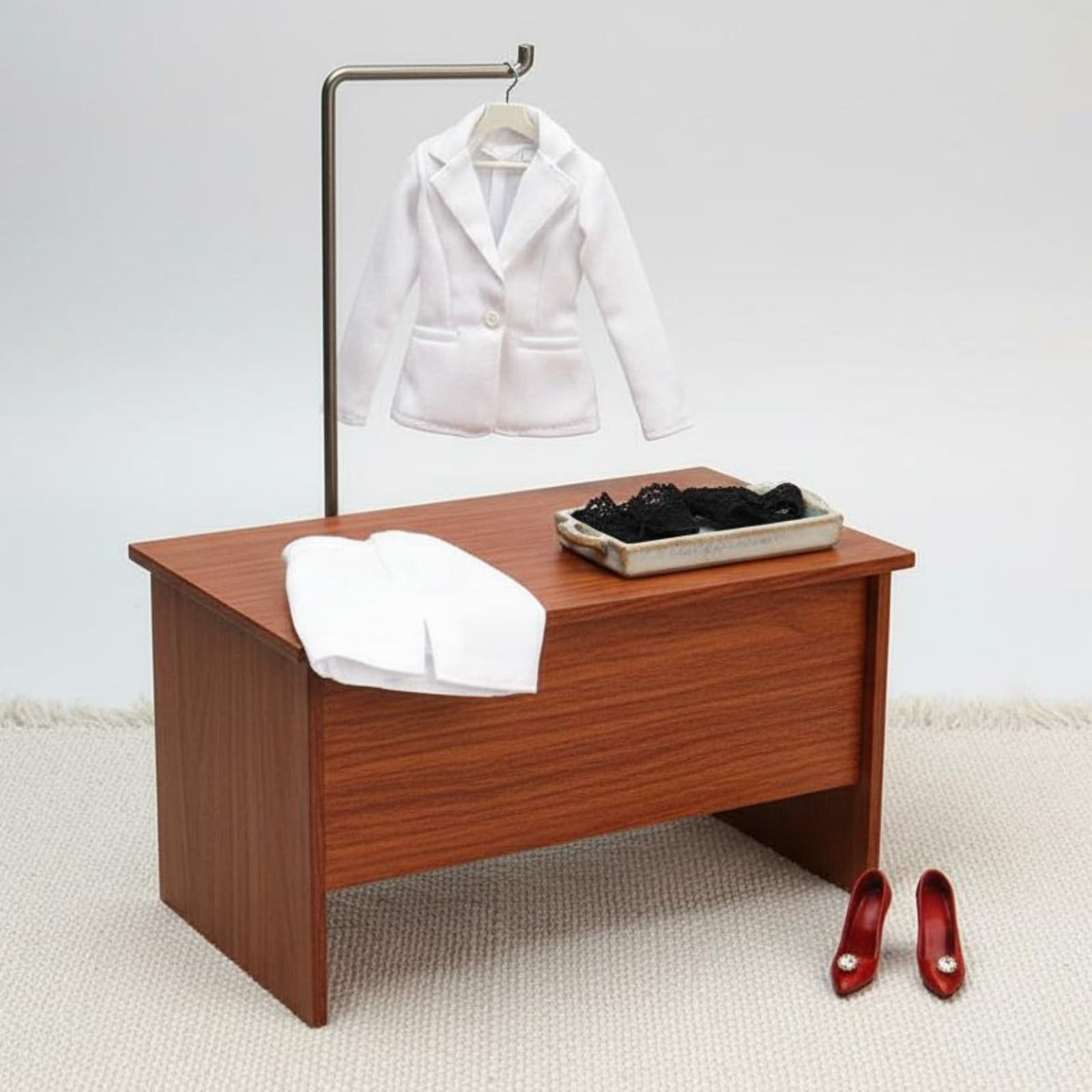 Traje de Oficina para Mujer Combinado con Falda Lencería y Zapatos con Material Textil Alta Visual Adecuado para Coleccionistas y Escenarios Empresariales en Miniatura, Blanco