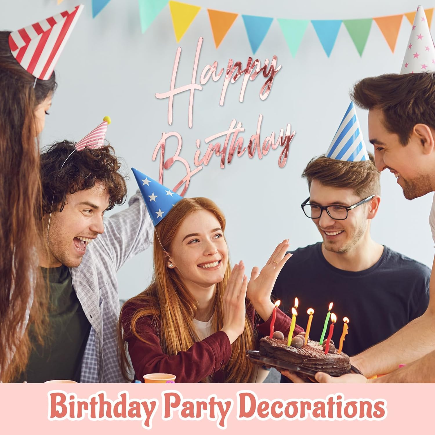 Yousoontic Happy Birthday Sign for Backdrop Large Happy Birthday Sticker Letter Acrylic Mirror Decal for Balloon Arch Party Sign Wall, Peel Off the Acrylic Film(23 x 20 Inches,Classic,Rose Gold)