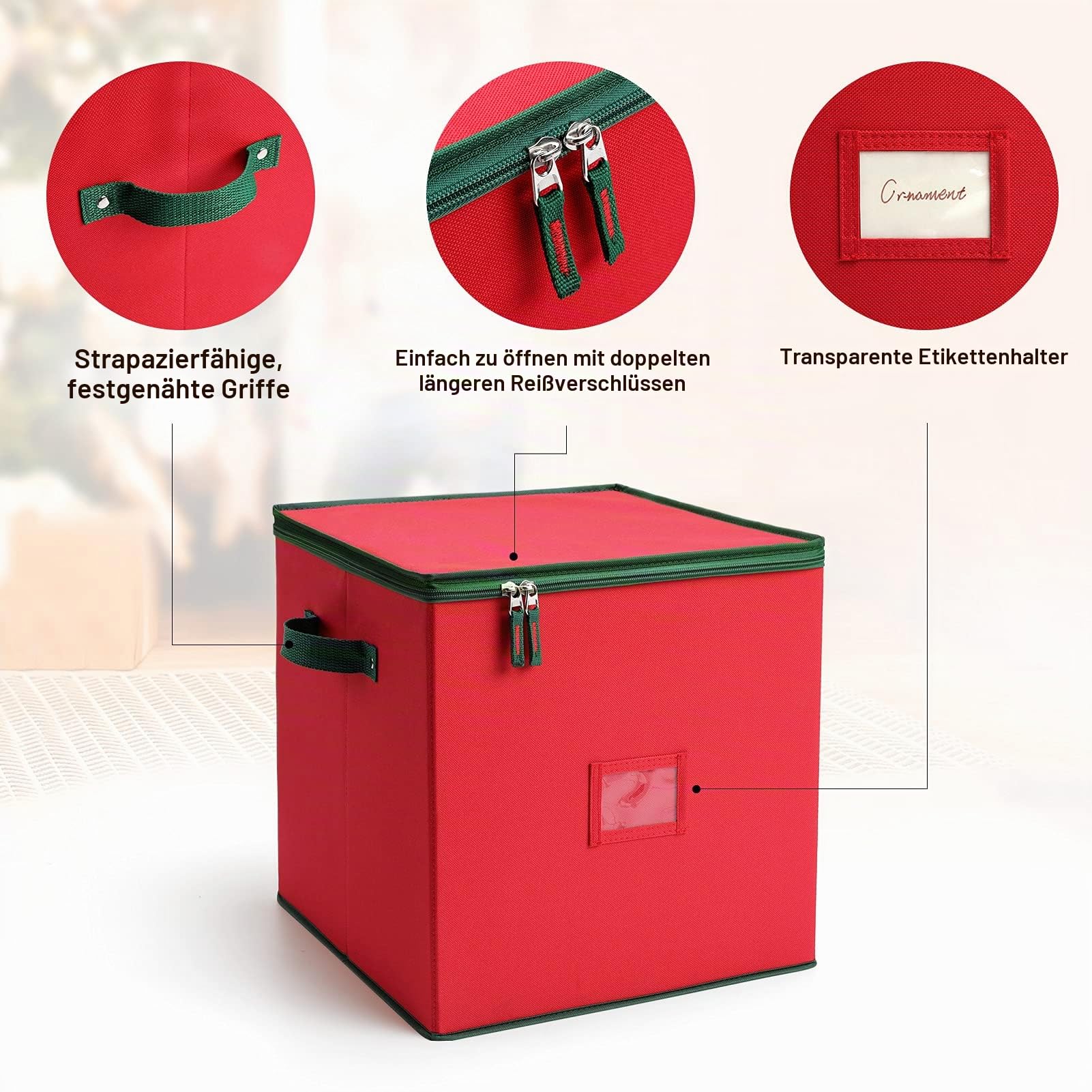 MaidMAX Aufbewahrungsbox für Weihnachtskugeln mit Verstellbaren Trennwänden, Aufbewahrungstasche Weihnachten mit 4 Ebenen, Abnehmbar mit Griffen, 64 Kugel-Aufbewahrungsbeutel, 32x32,5x33cm