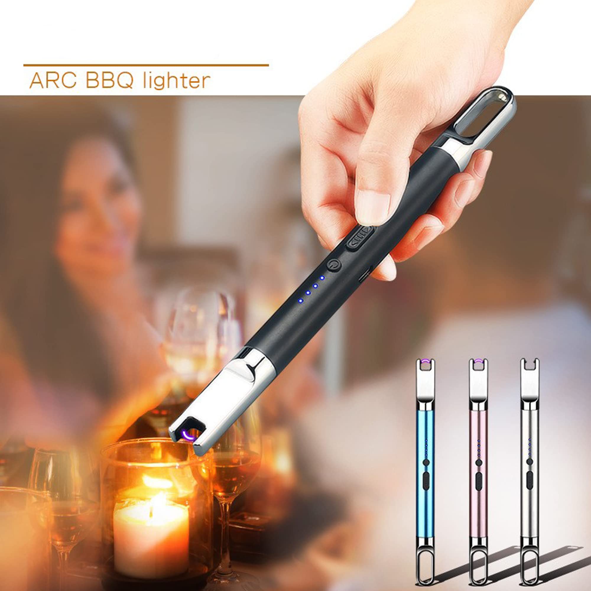 Paquet de 4 Briquets à Bougies Portables à Arc Électrique Coupe-Vent sans Flamme USB Rechargeable avec Crochet LED Affichage de la Batterie pour la Cuisine à Domicile