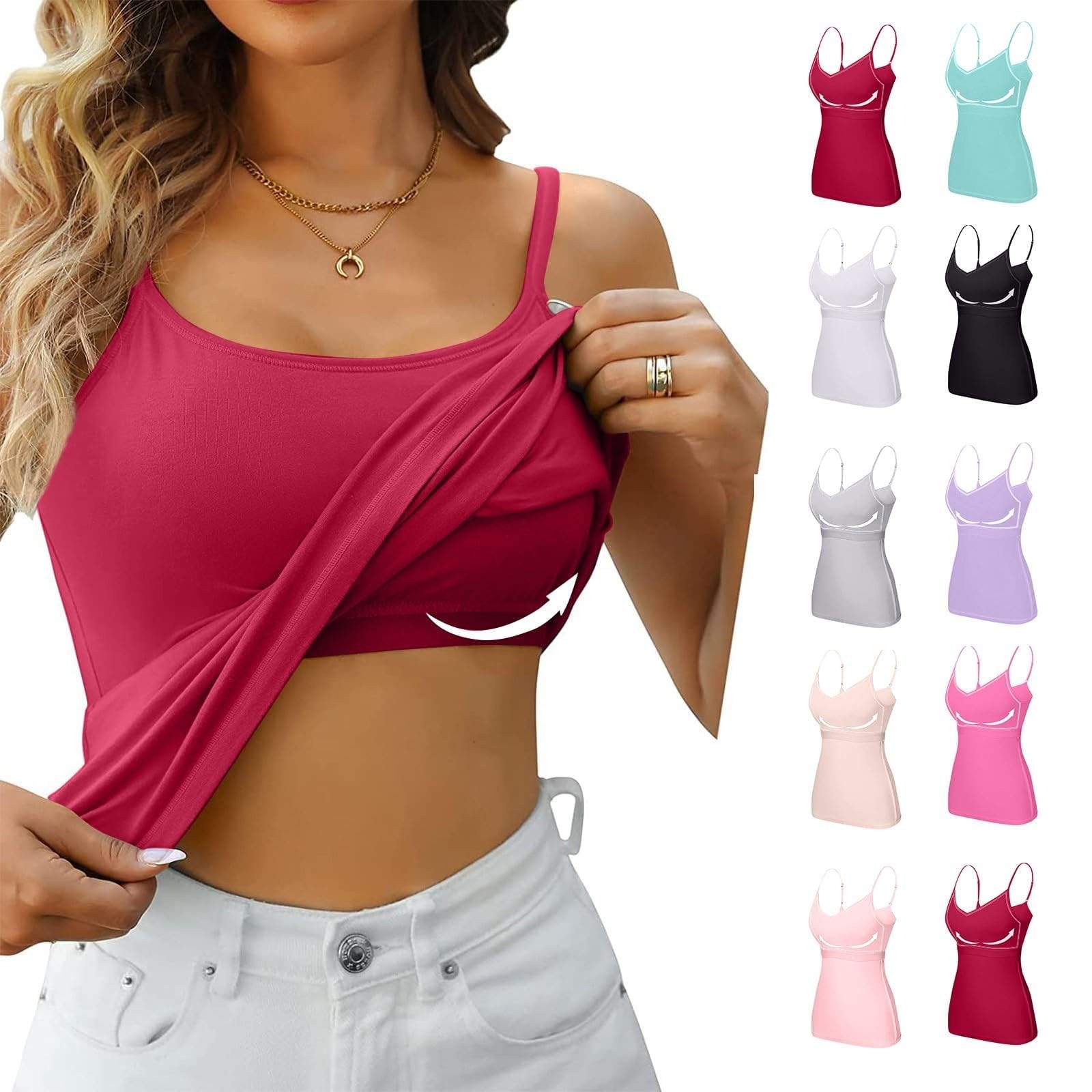 Bukknye Women's Wine Cotton Camisole Shelf Bra Cami Tank Tops Adjustable Spaghetti Strap Tank Top(,Xl)