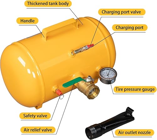 Miniatura 6 de Inflador de neumáticos compacto de 10 galones para camión, tractor, cuatrimoto, tanque resistente, amarillo