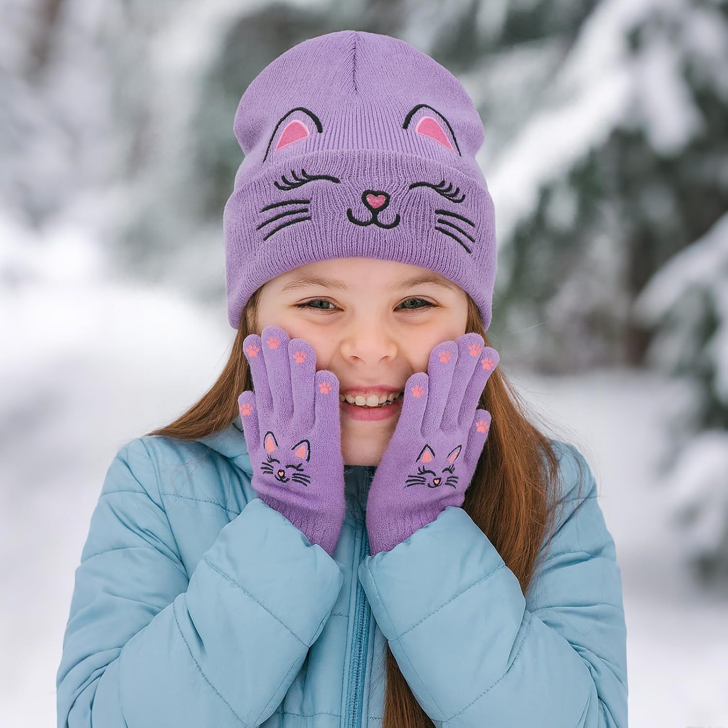 Cat Embroidered Girls Beanie Hat and Gloves Set Kids Knitted Hat Unisex Skull Cuffed Skiing Caps Hats 3-12 Years - Image 2