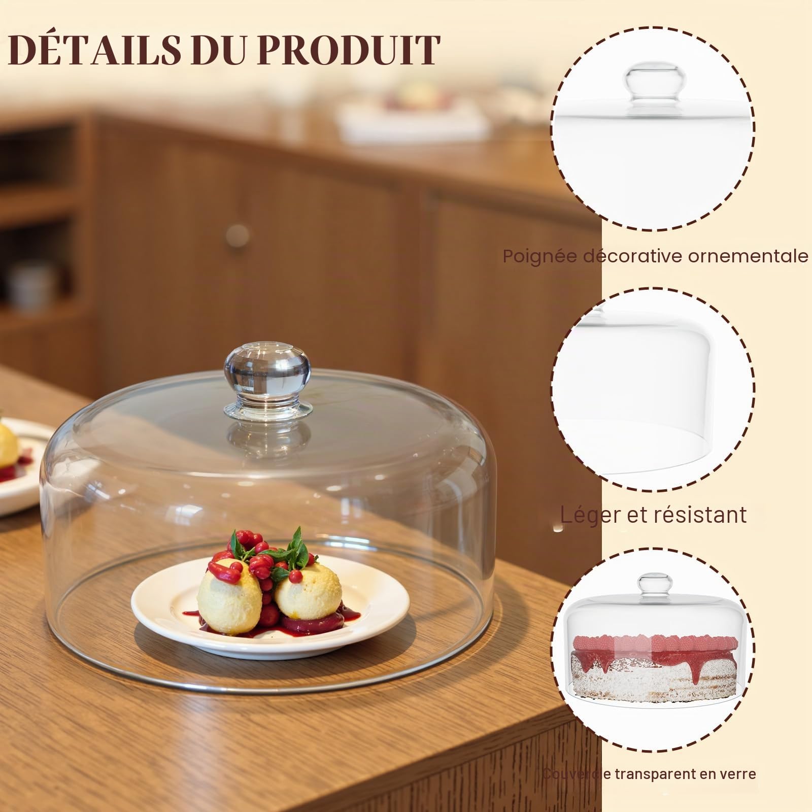 Cloche à gâteau en verre de 28 cm pour présentoir – Couvercle transparent pour présentation et protection, convient pour la cuisine