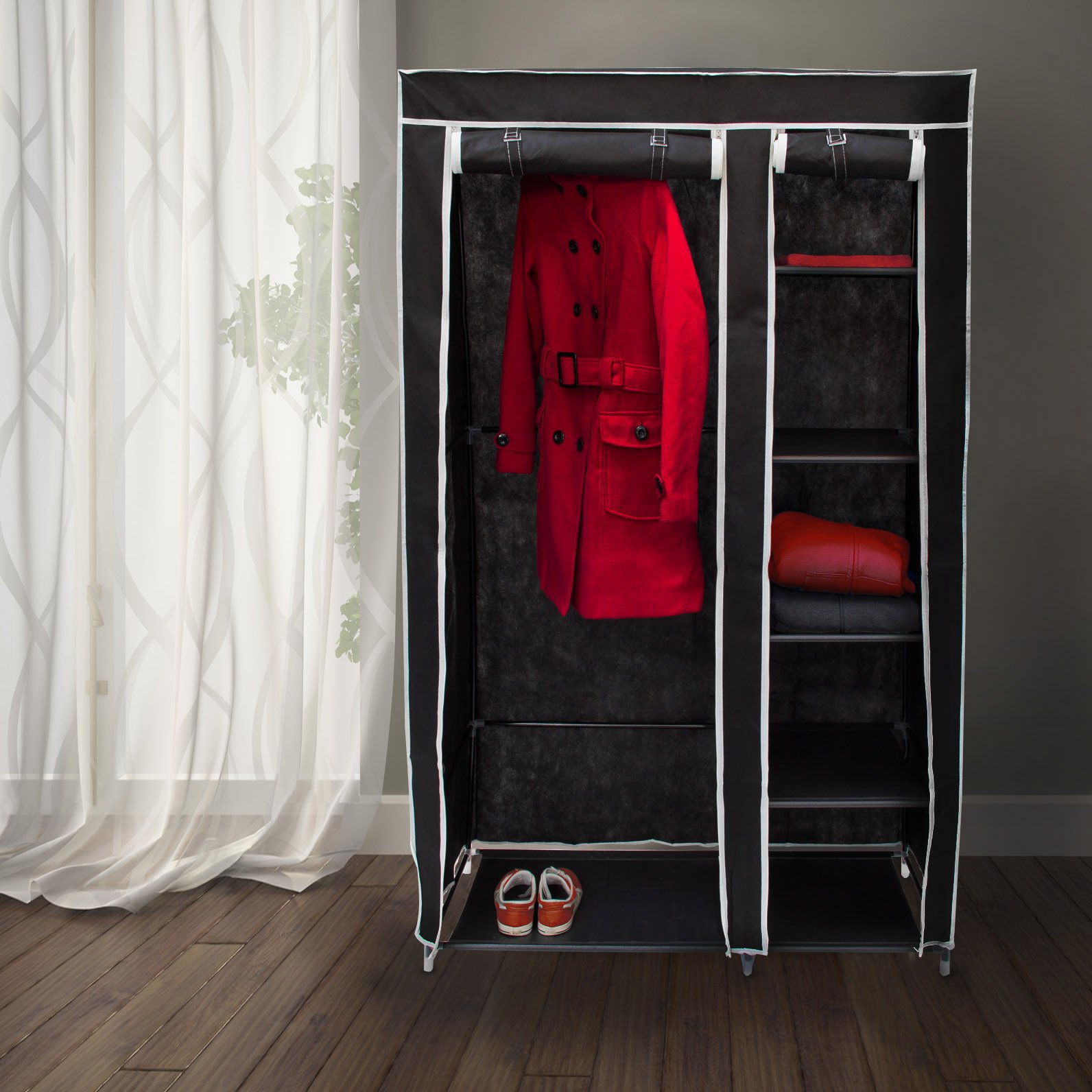 Relaxdays Stoffschrank, mit Kleiderstange & 5 Fächern, HBT: 174 x 107 x 42,5 cm, stabiler Faltschrank mit Bezug, schwarz