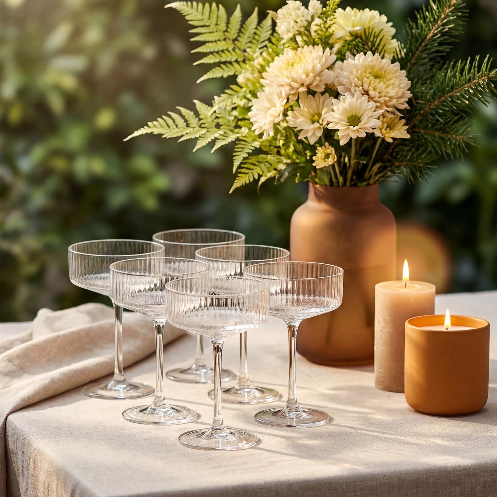 Juego de 6 copas cupé acanaladas Champagne Tower de 8 oz, copas de Martini clásicas transparentes for bodas, fiestas de cumpleaños y bares Vaso para bebidas