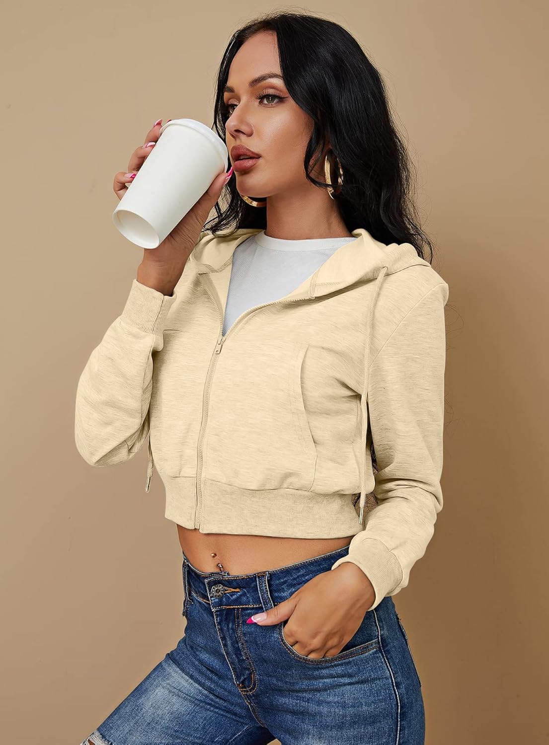 Women's Zip Up Hoodies Cropped Cardigan Jacket Drawstring Hooded Sweatshirts Casual Long Sleeve Top… - Image 5