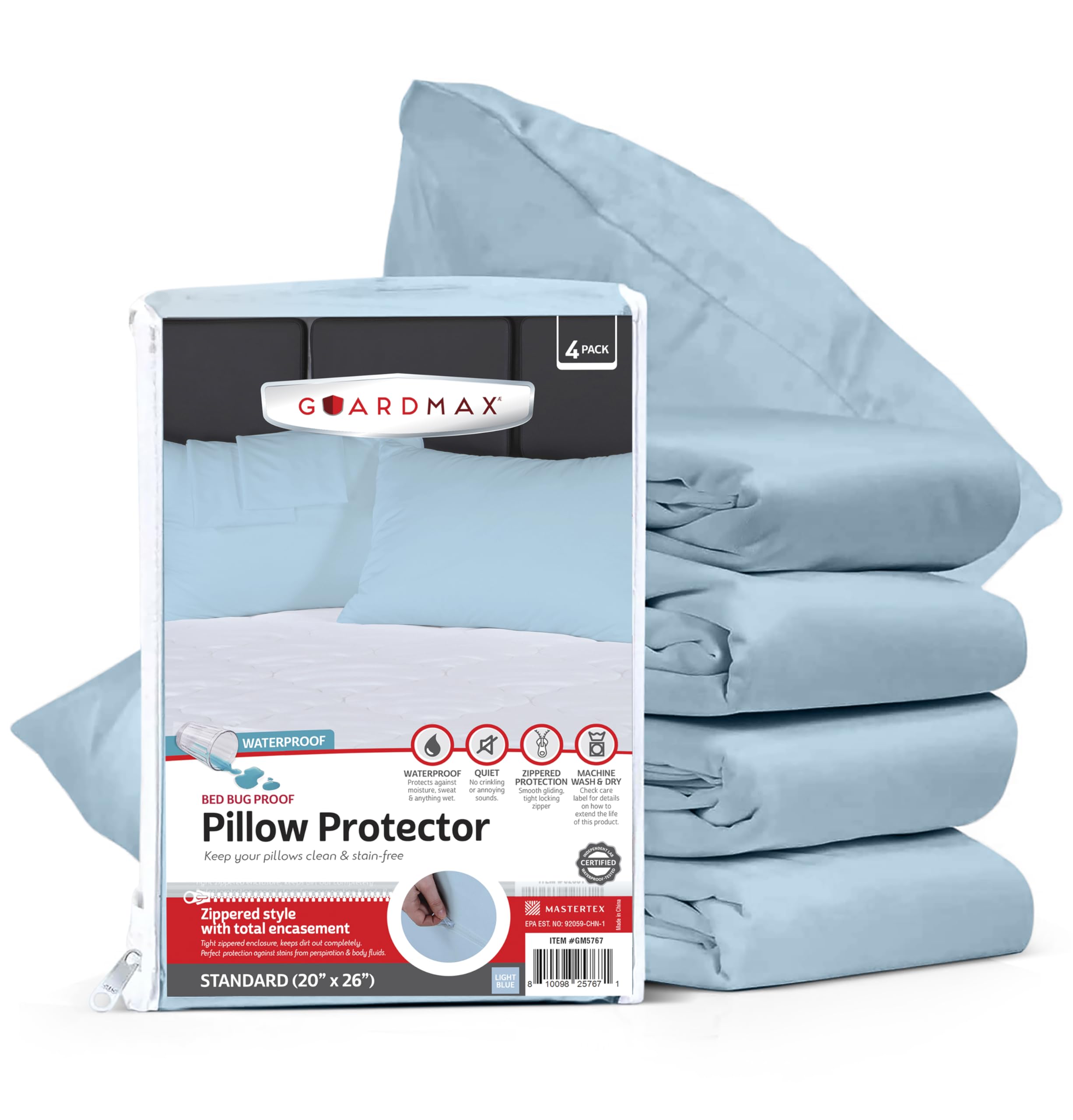 Guardmax Jersey Knitted Pillow Protector with Zipper Standard Size - 4 Pack -100% Waterproof, Bed Bug Proof, Dust Mite Proof, & Hypoallergenic Pillow Covers - Premium Zippered Pillow Cases. (20 X 26)