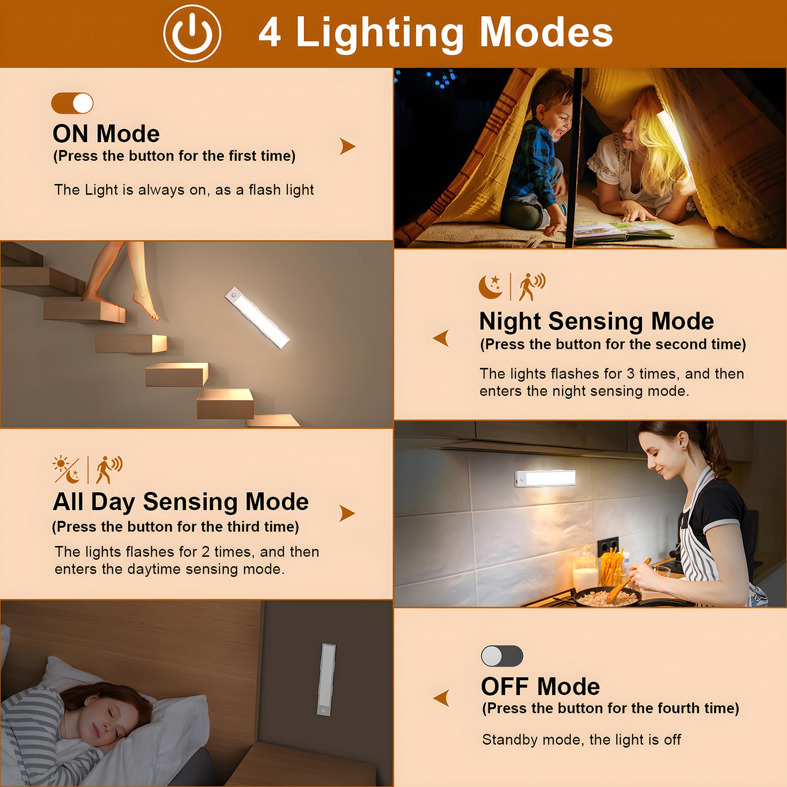 Exsight Under Cabinet Kitchen Lights, 4 Modes 3 Color Temperature Stepless Dimming, LED Motion Sensor Wardrobe Lights - Image 3
