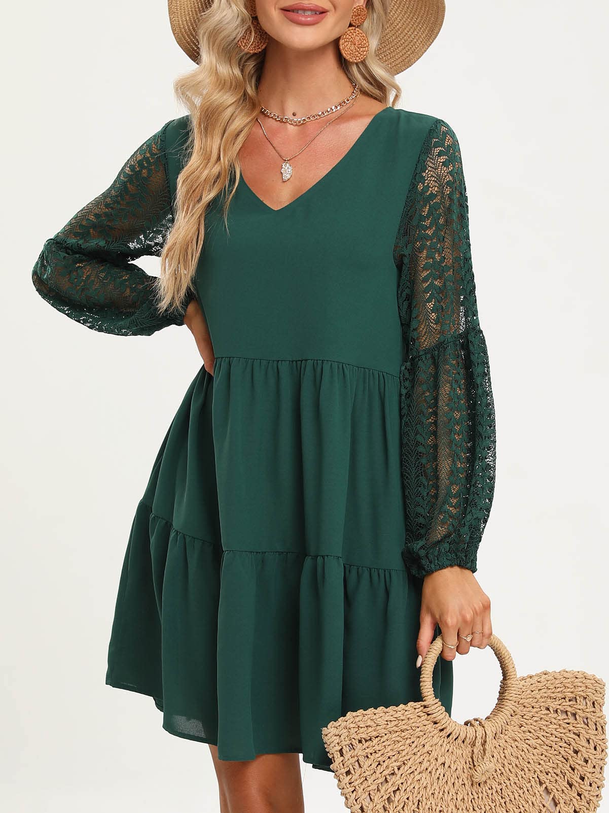 LATH.PIN Vestiti Donna Estivi Eleganti Maniche Lunghe Pizzo Vestito Donna con Tasca Scollo a V Sexy Vestito da Cerimonia Casual Abito da Spiaggia