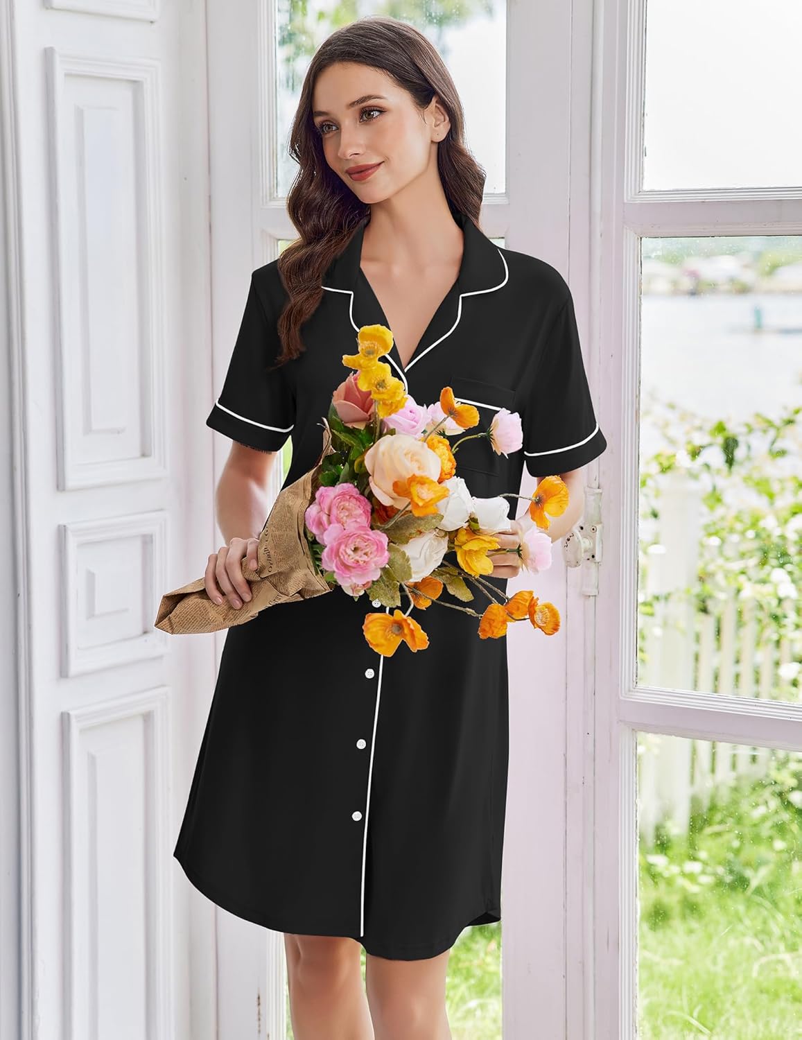 Ekouaer Nightgowns for Women Button Down Sleep Shirts Short Sleeve Nightshirt Classic Pajama Dress Soft Sleepwear S-XXXL - Image 3