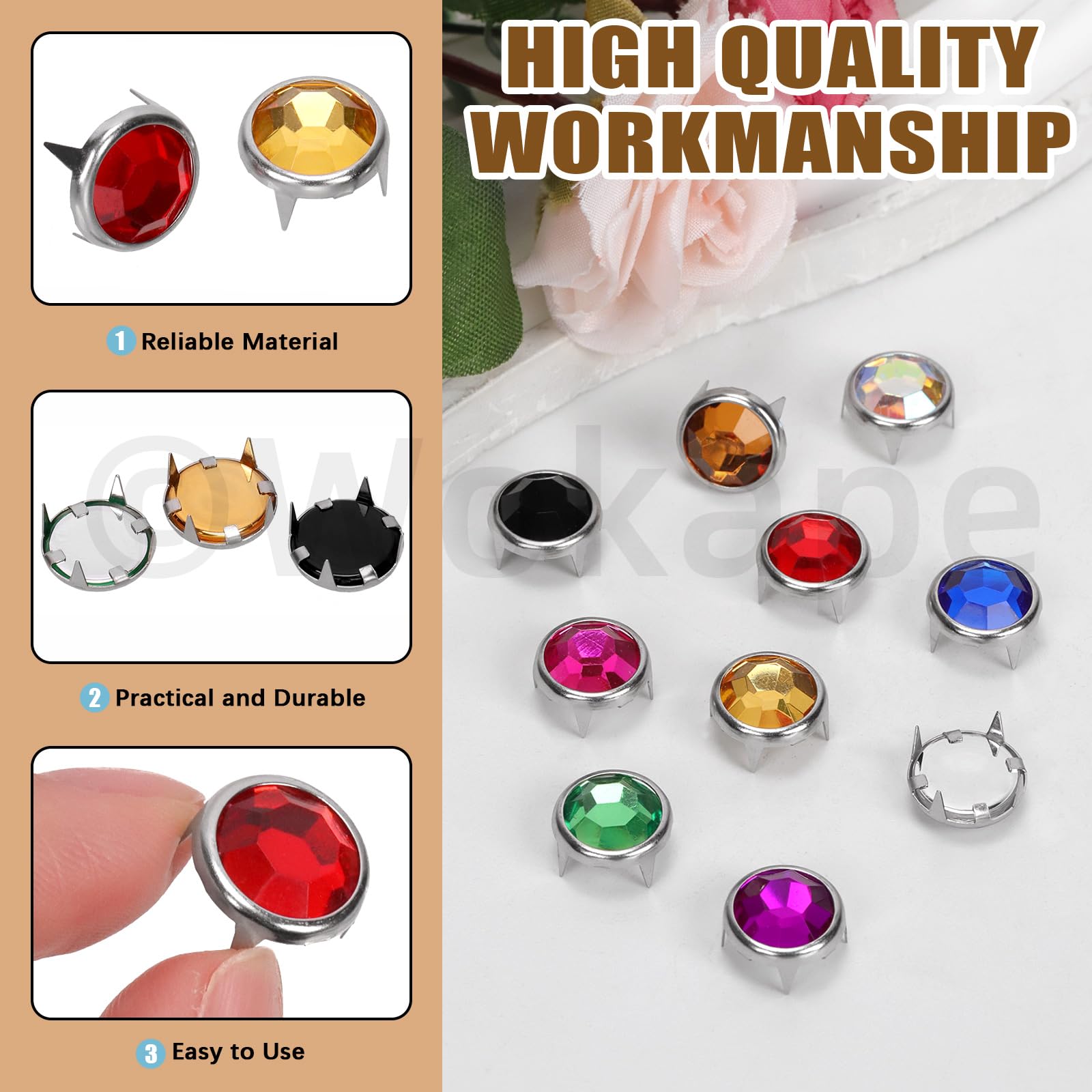 Set di 200 pezzi da 12 mm (0,47 pollici), 10 colori abbaglianti perline di cristallo artiglio 4 artigli rivetti punk, in rame, rivetti decorativi per fai da te in pelle artigianato vestiti