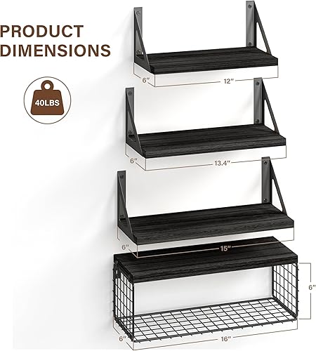 Miniatura 3 de Estantes flotantes 4+1 para decoración de pared, estantes de pared con cesta de almacenamiento de alambre, estantes de baño sobre el inodoro,