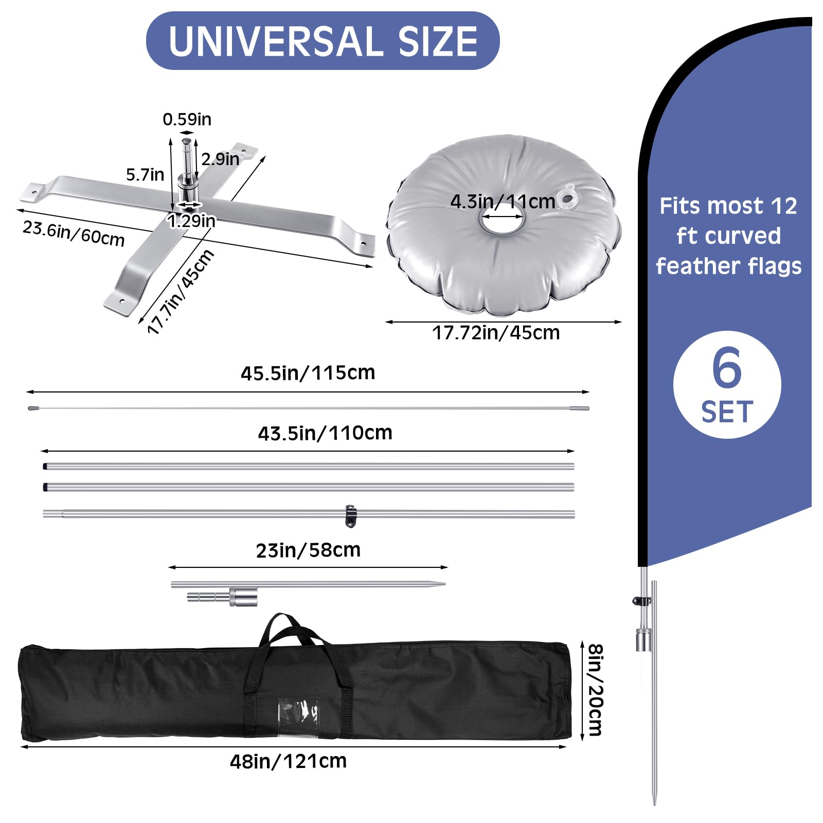 Tandefio 8 Pcs Feather Flag Pole Kit Advertising Swooper Flag Aluminum Fiberglass Poles Set for 12 ft Flag Ground Spike Cross Base Stand Water Bag Portable Storage Bag for Business Outdoor Yard