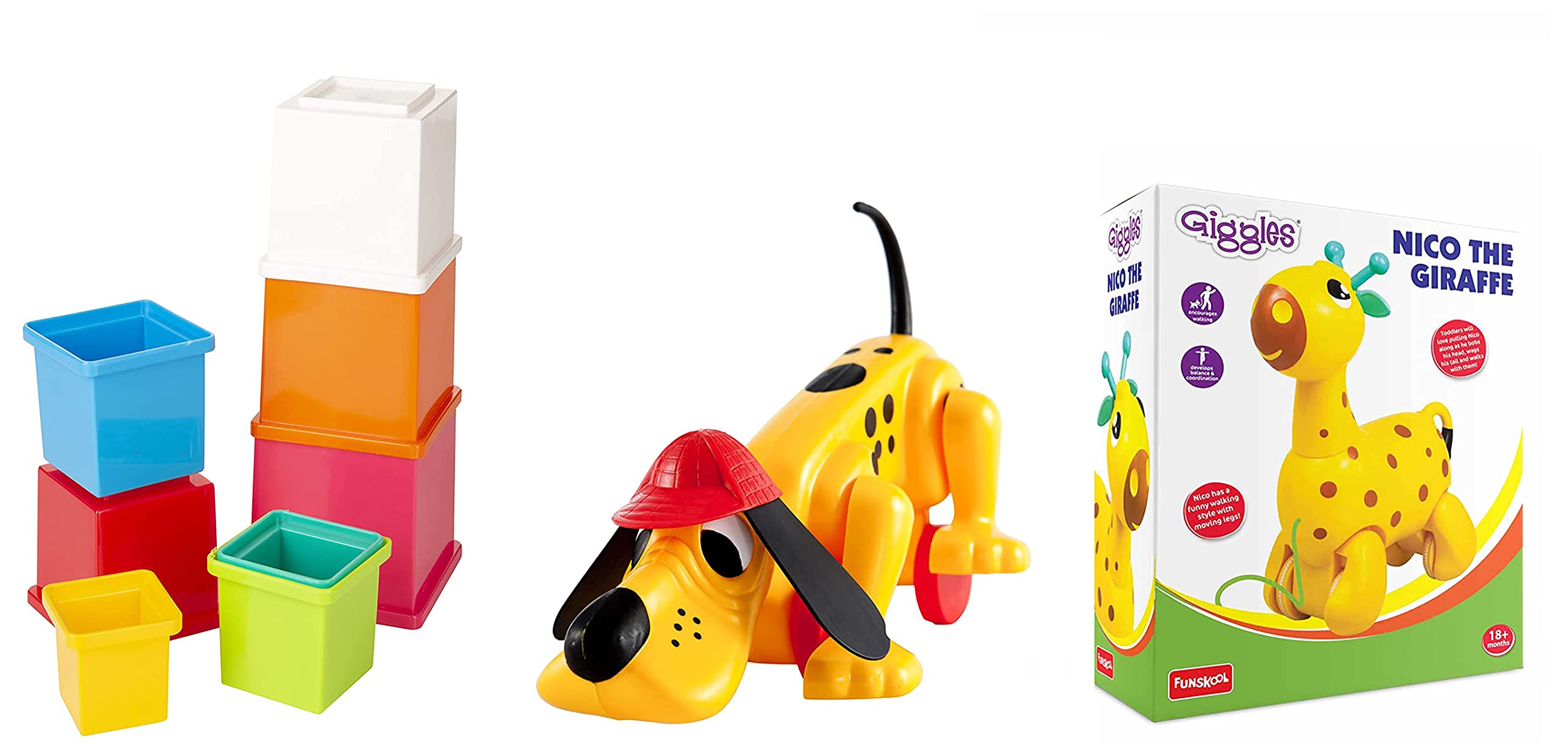 Giggles Nico The Giraffe Pull Along Toy Head Bobs Tail Wags Walking & Funskool Plastic Stacking Multicolored Cubes& Funskool Digger The Dog Pull Along Toy (B0BD49NZZ4) Amazon Price History, Amazon Price Tracker